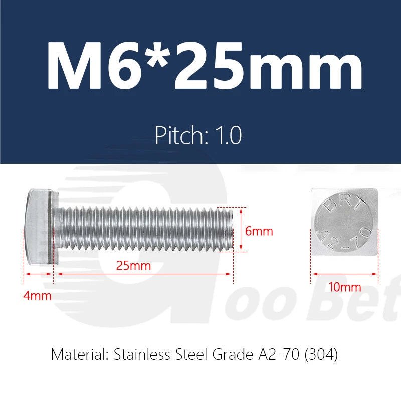 M6 Square Head T - Bolts — Stainless Steel A2 304 for T - Slot Aluminum Profiles - HomeDIYer