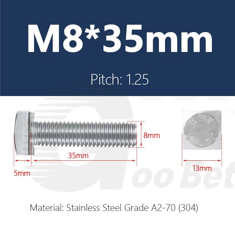 M8 T - Bolt Square Head Bolt for T - Slot Aluminum Profile — Stainless Steel A2 304 - HomeDIYer