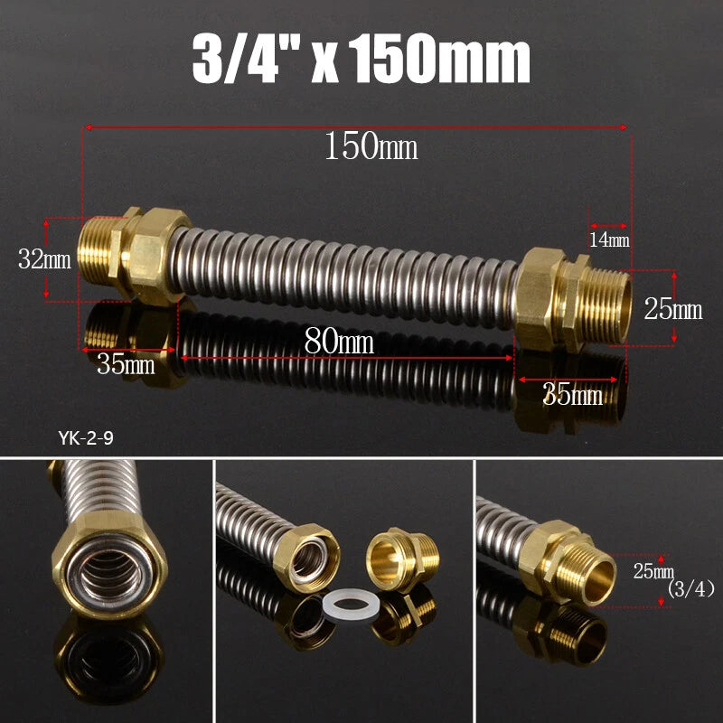 Corrugated Flexible Water Supply Hose with Brass Fittings — 1/2", 3/4", 1" | Hot & Cold