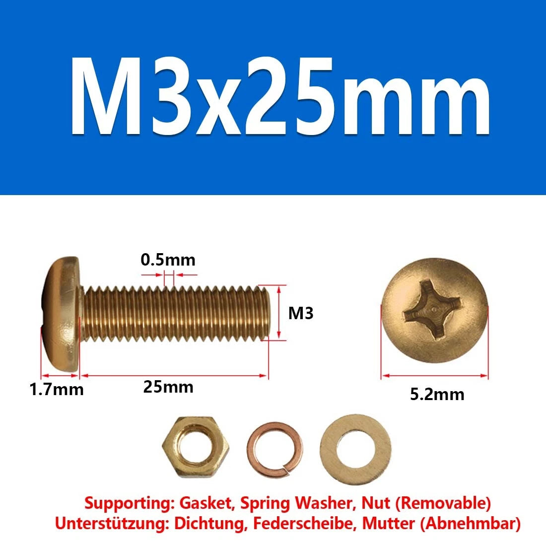 M3 M4 M5 M6 M8 Brass Phillips Pan Head Machine Screws with Hex Nuts & Washers