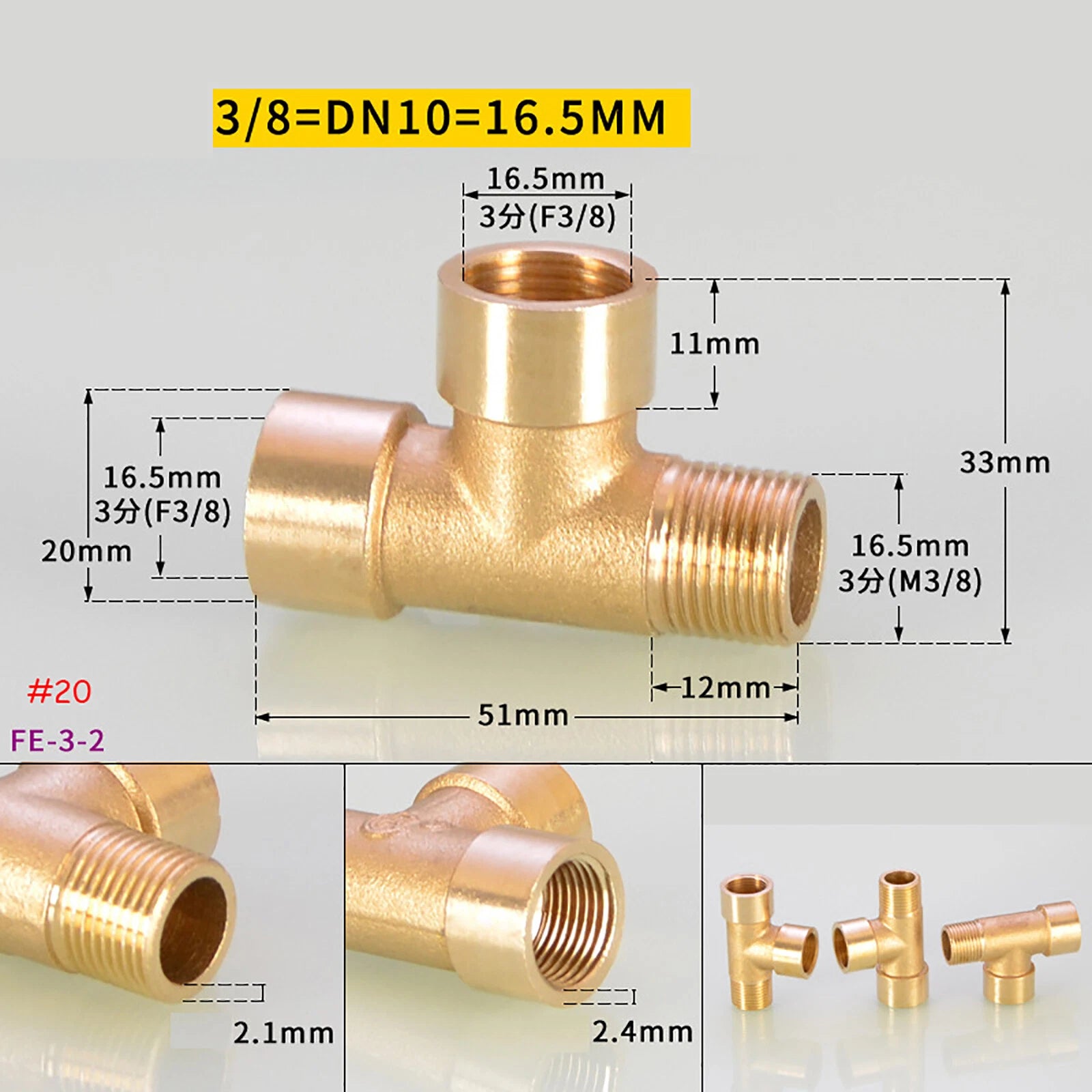 BSP Brass Tee Pipe Fittings — Male & Female Thread Combinations, 1/8" to 3/8"
