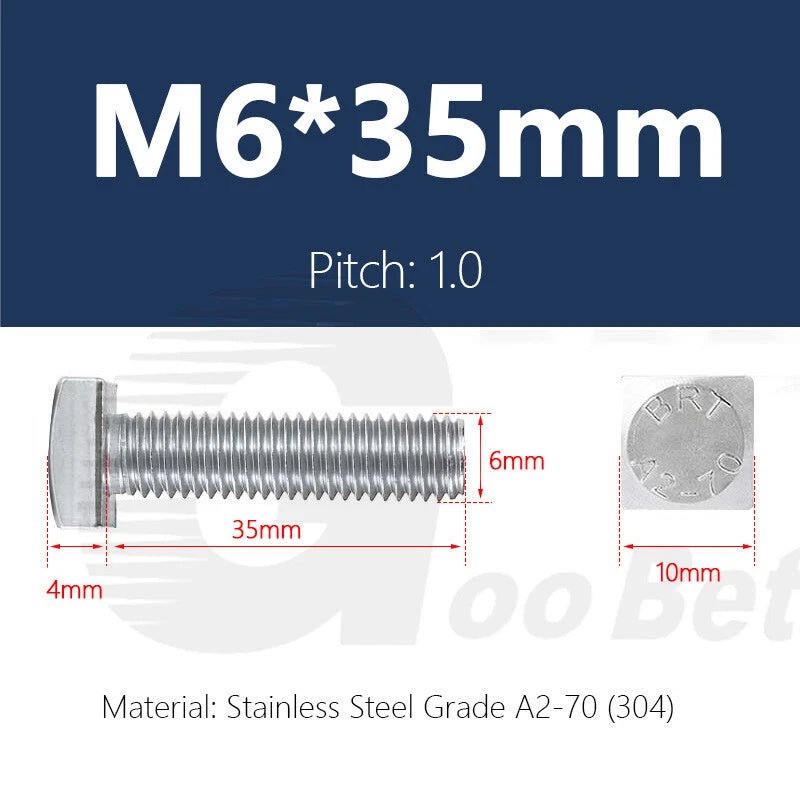 M6 Square Head T - Bolts — Stainless Steel A2 304 for T - Slot Aluminum Profiles - HomeDIYer