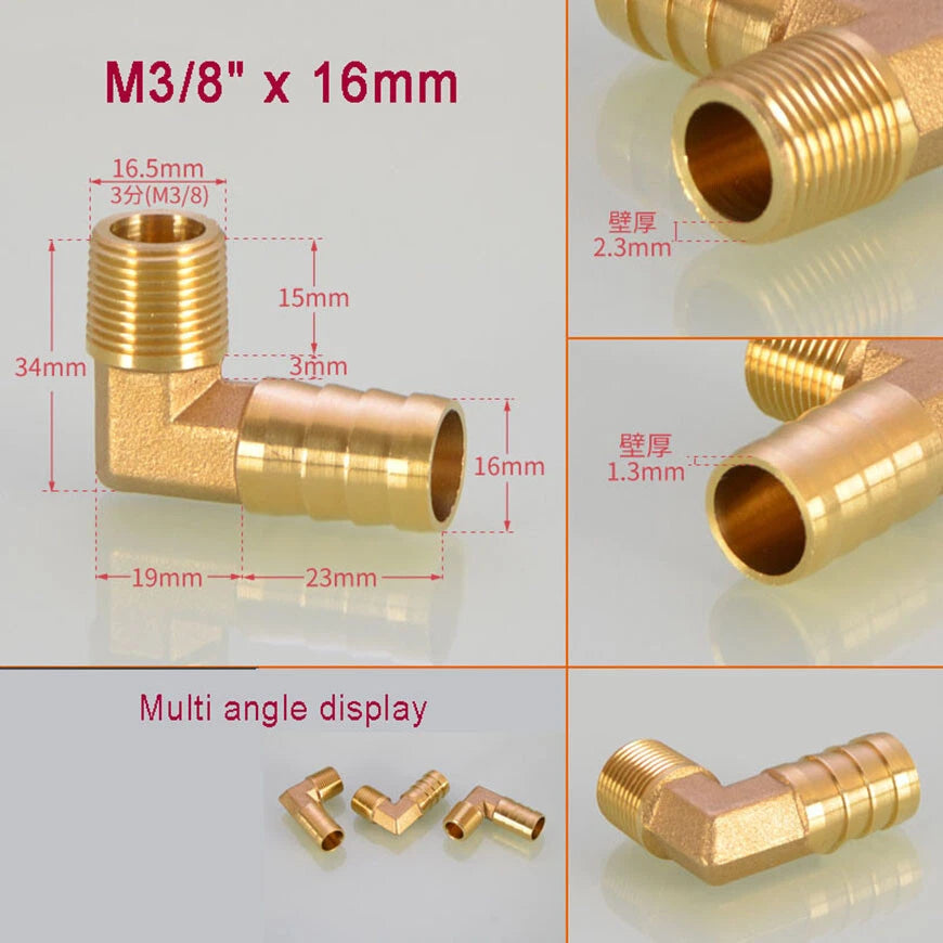 Brass BSP Male Elbow Barb Hose Tail Fittings — 1/8" to 3/4" × 6mm–25mm
