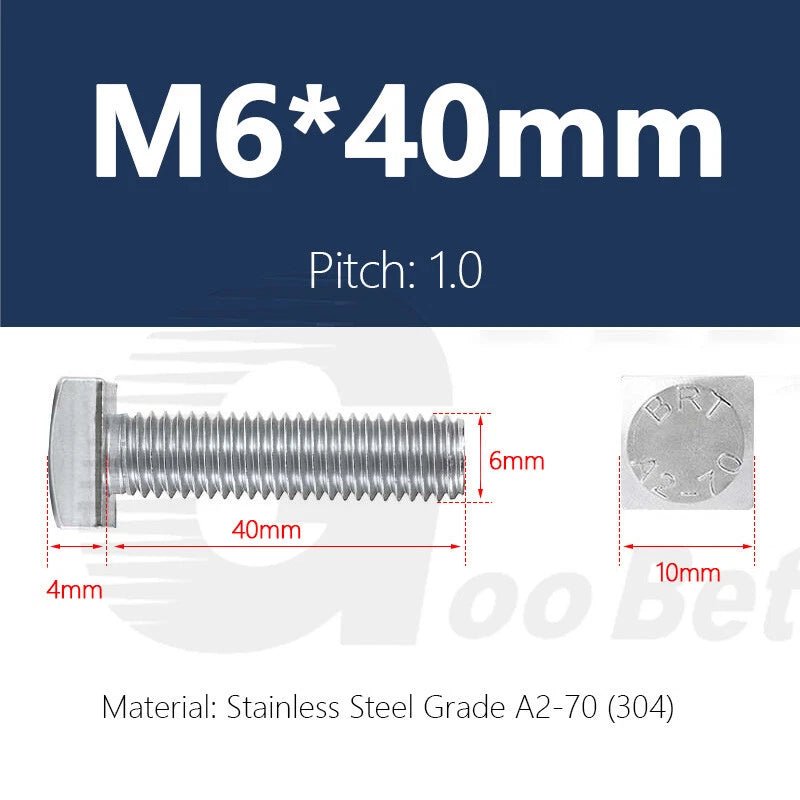 M6 Square Head T - Bolts — Stainless Steel A2 304 for T - Slot Aluminum Profiles - HomeDIYer