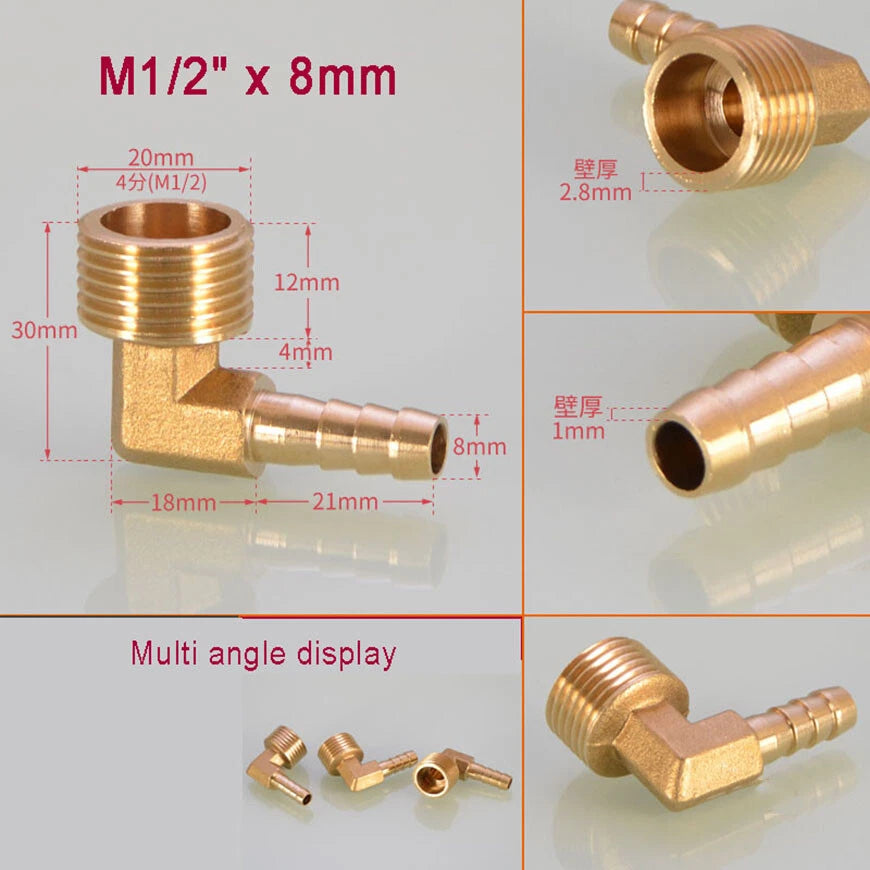 Brass BSP Male Elbow Barb Hose Tail Fittings — 1/8" to 3/4" × 6mm–25mm