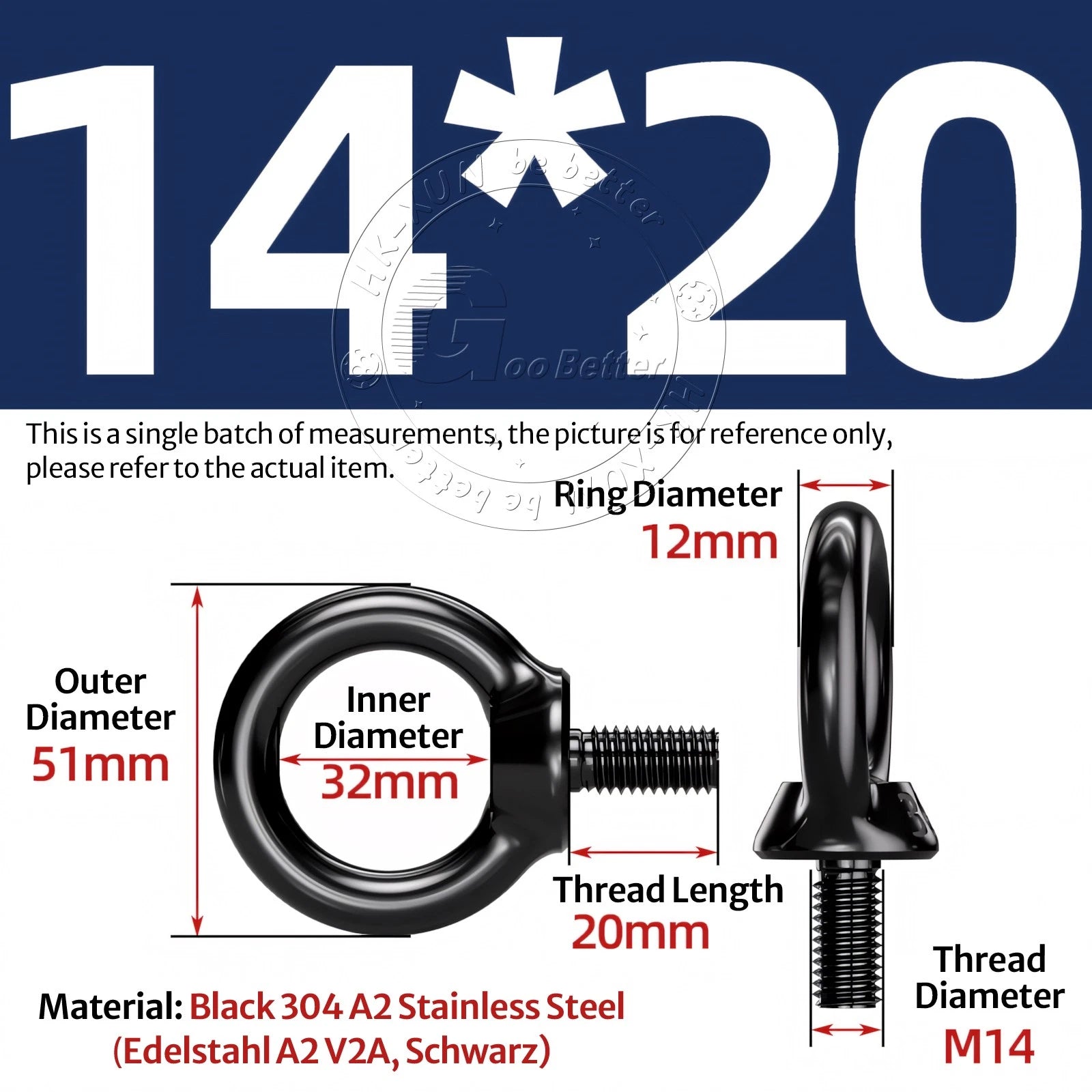 A2 304 Grade Black Stainless Steel Lifting Eye Nuts-Bolts M3 M4 M5 M6 M8 - M24