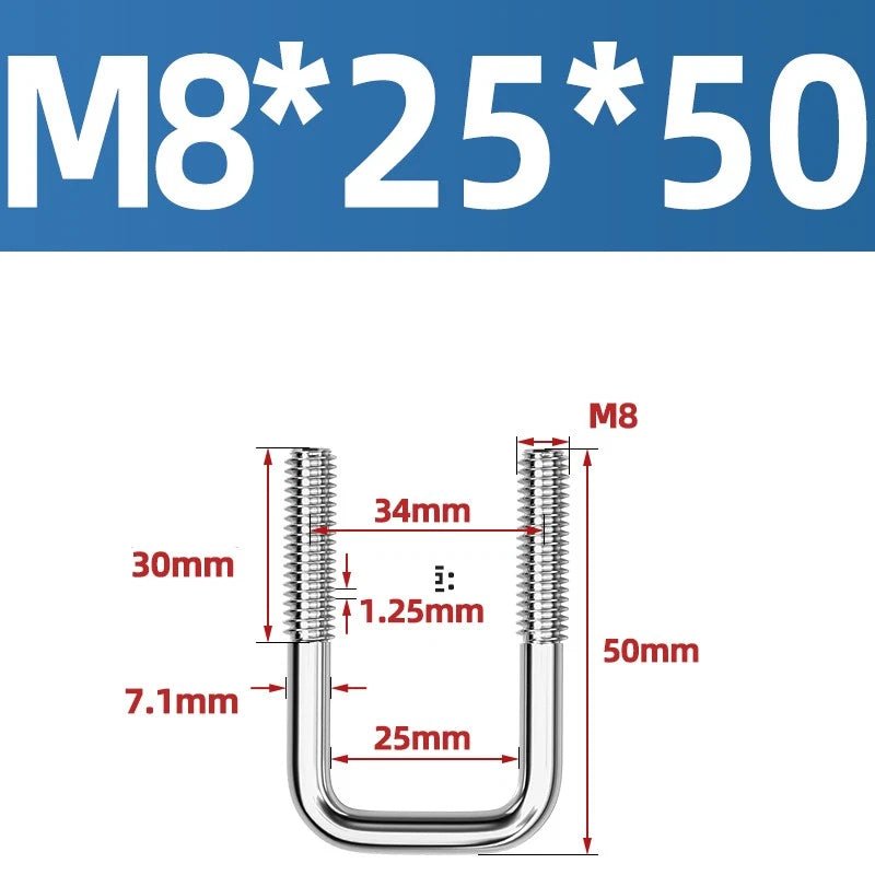 A2 304 Stainless Steel Square U - Bolt Clamp — M6 M8 M10 M12, Multiple Lengths - HomeDIYer