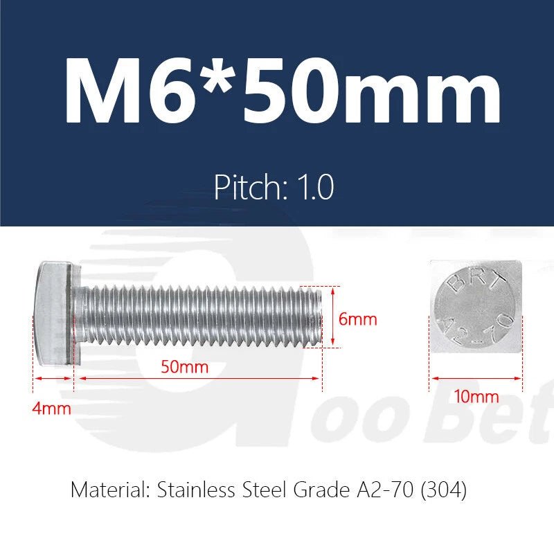 M6 Square Head T - Bolts — Stainless Steel A2 304 for T - Slot Aluminum Profiles - HomeDIYer