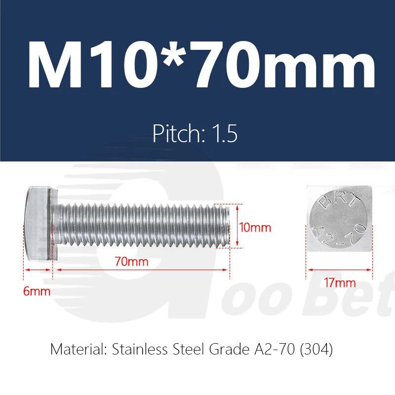 M10 Stainless Steel Square Head Bolts — A2 304, Plain Finish, 16mm to 100mm - HomeDIYer