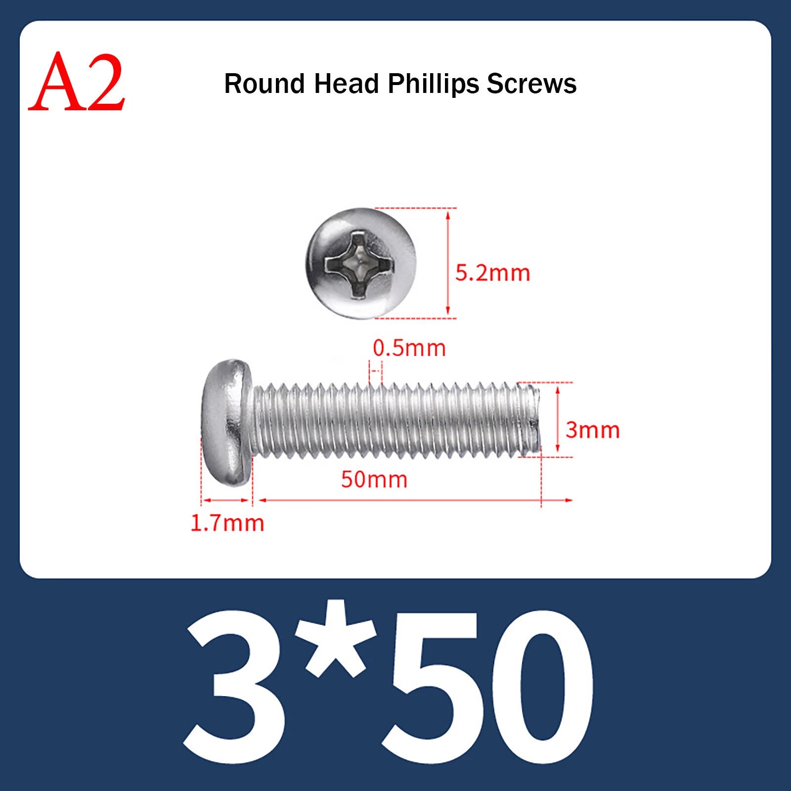 M3 Phillips Pan Head Machine Screws – A2 Stainless Steel, M3×3mm to M3×150mm (Full Length Range)