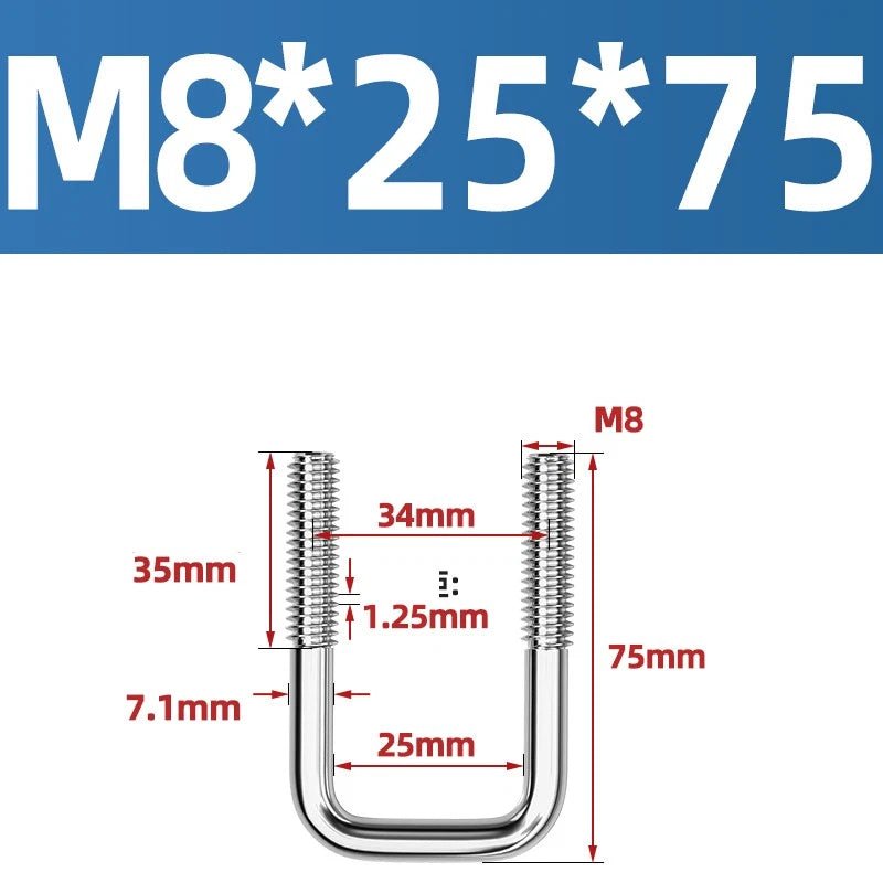A2 304 Stainless Steel Square U - Bolt Clamp — M6 M8 M10 M12, Multiple Lengths - HomeDIYer