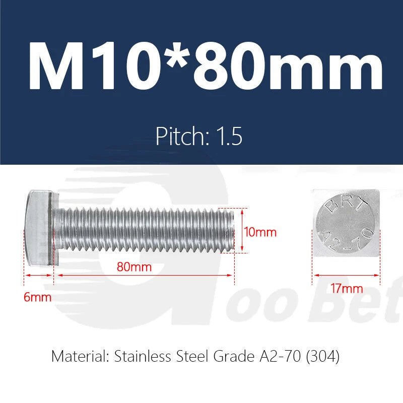 M10 Stainless Steel Square Head Bolts — A2 304, Plain Finish, 16mm to 100mm - HomeDIYer