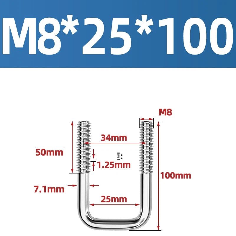 A2 304 Stainless Steel Square U - Bolt Clamp — M6 M8 M10 M12, Multiple Lengths - HomeDIYer