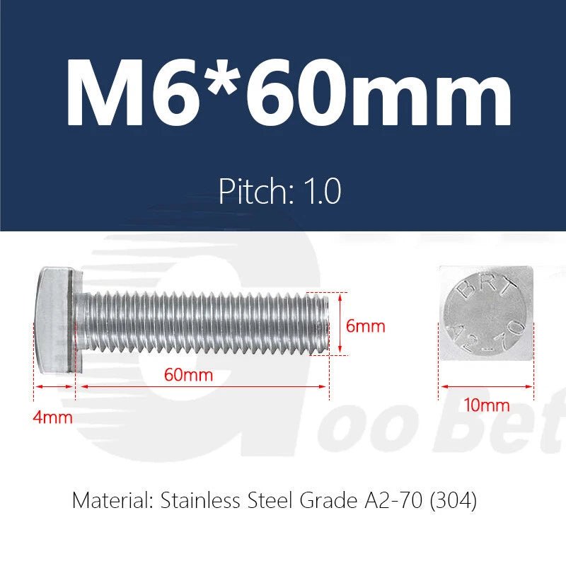 M6 Square Head T - Bolts — Stainless Steel A2 304 for T - Slot Aluminum Profiles - HomeDIYer