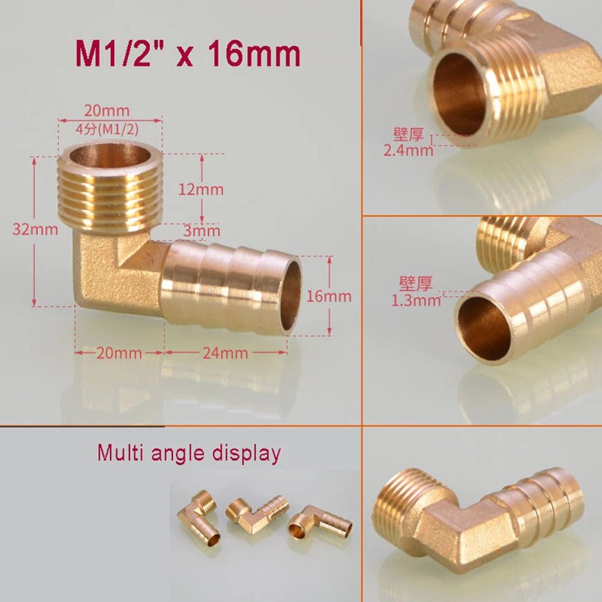 Brass BSP Male Elbow Barb Hose Tail Fittings — 1/8" to 3/4" × 6mm–25mm