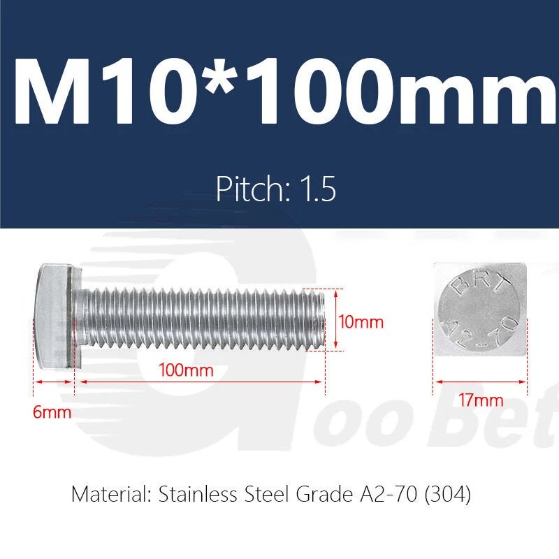 M10 Stainless Steel Square Head Bolts — A2 304, Plain Finish, 16mm to 100mm - HomeDIYer