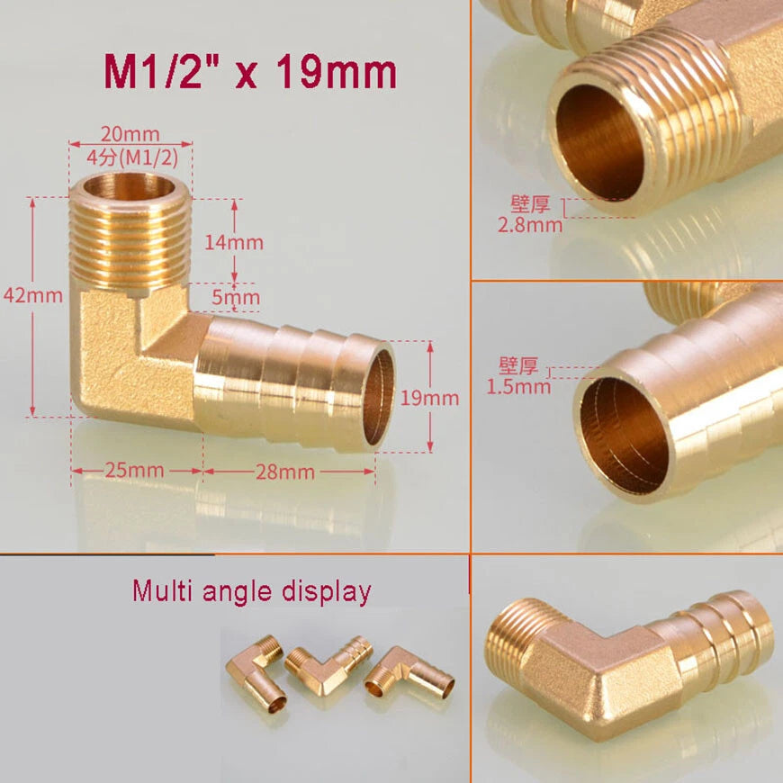 Brass BSP Male Elbow Barb Hose Tail Fittings — 1/8" to 3/4" × 6mm–25mm