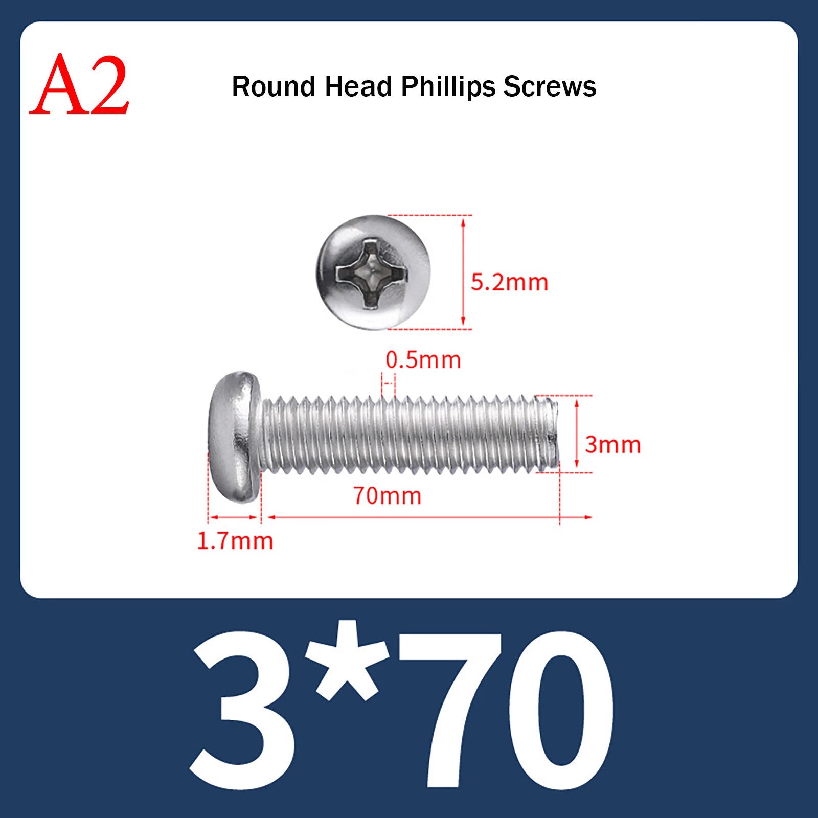 M3 Phillips Pan Head Machine Screws – A2 Stainless Steel, M3×3mm to M3×150mm (Full Length Range)