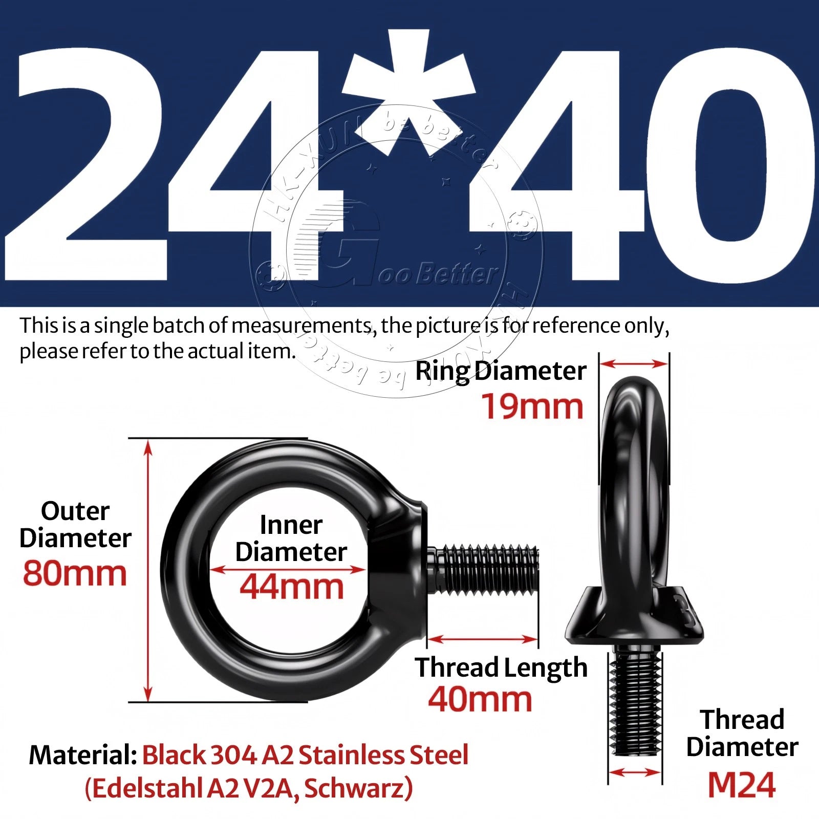 A2 304 Grade Black Stainless Steel Lifting Eye Nuts-Bolts M3 M4 M5 M6 M8 - M24
