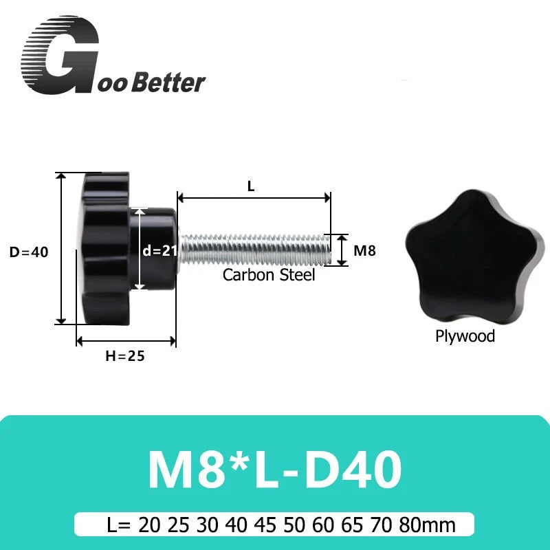 Thumb Screws M8 Hand Knob Bolts Plastic Five-Star Head Black Length 20-80mm