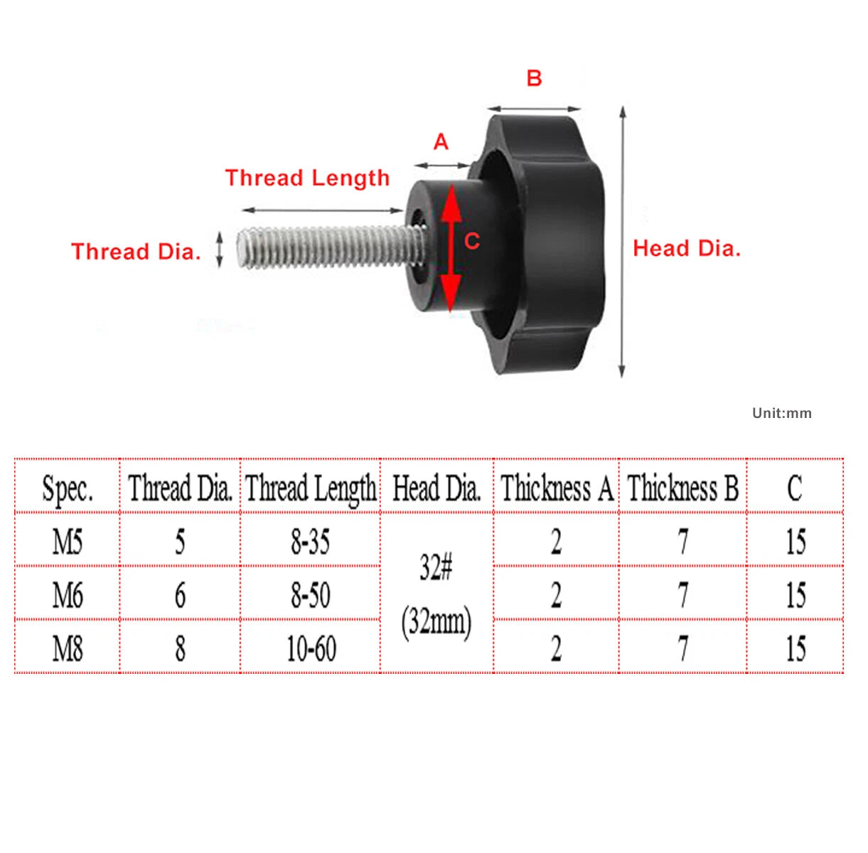 M5 M6 M8 Thumb Screws Six-petal Flower Plastic Head 32# 32mm Hand Grip Knob Bolt