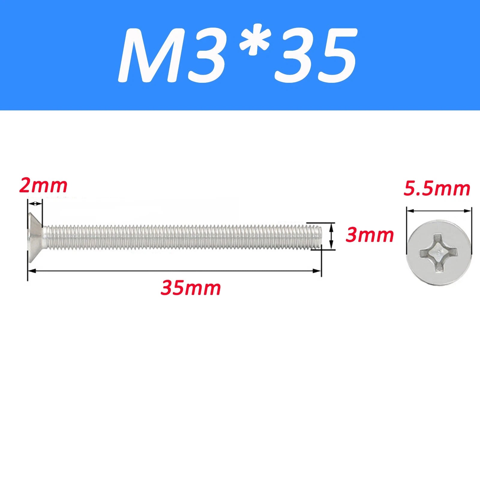 A2 Stainless Steel Countersunk Phillips Machine Screws DIN 965 — Extra Long M2–M12