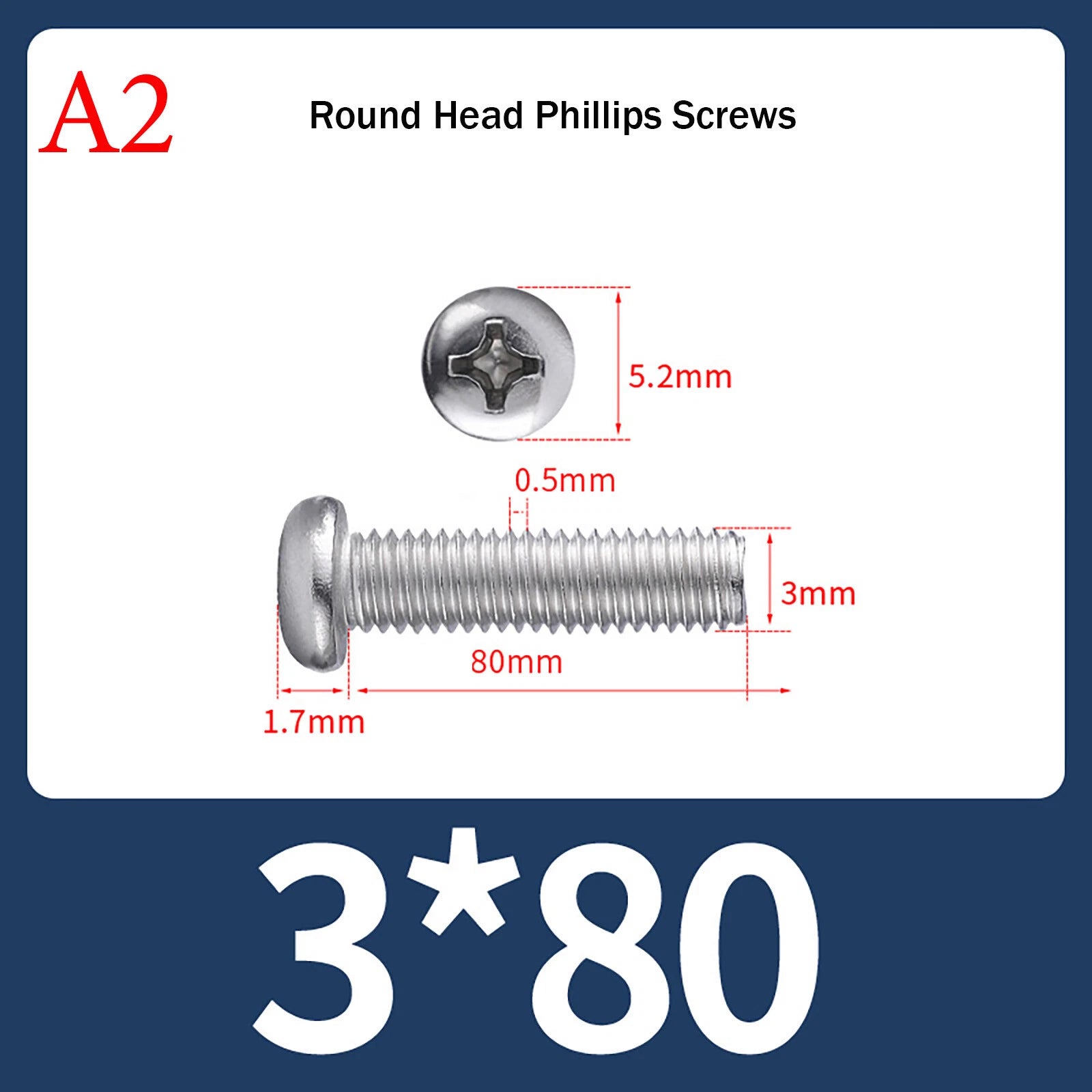 M3 Phillips Pan Head Machine Screws – A2 Stainless Steel, M3×3mm to M3×150mm (Full Length Range)