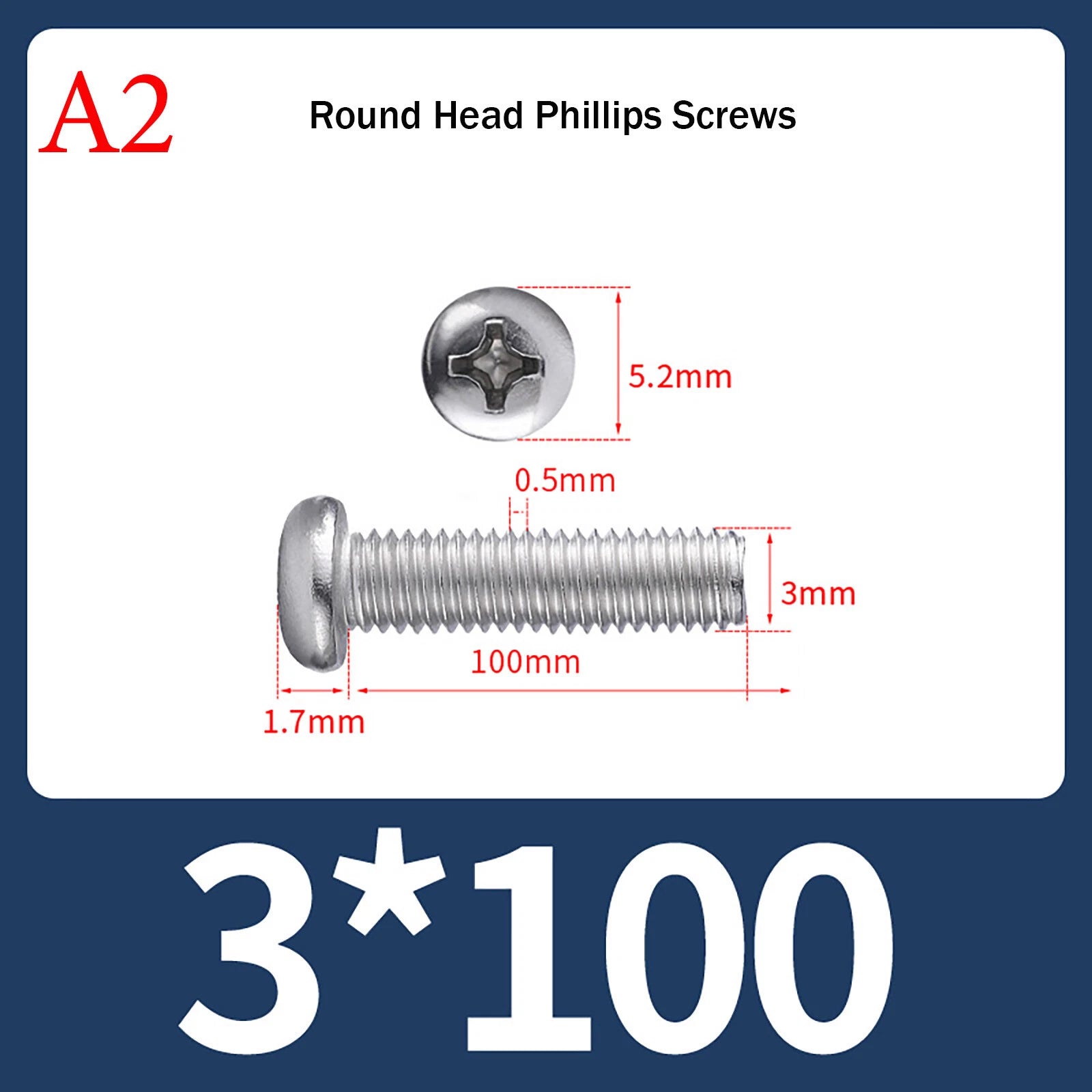 M3 Phillips Pan Head Machine Screws – A2 Stainless Steel, M3×3mm to M3×150mm (Full Length Range)