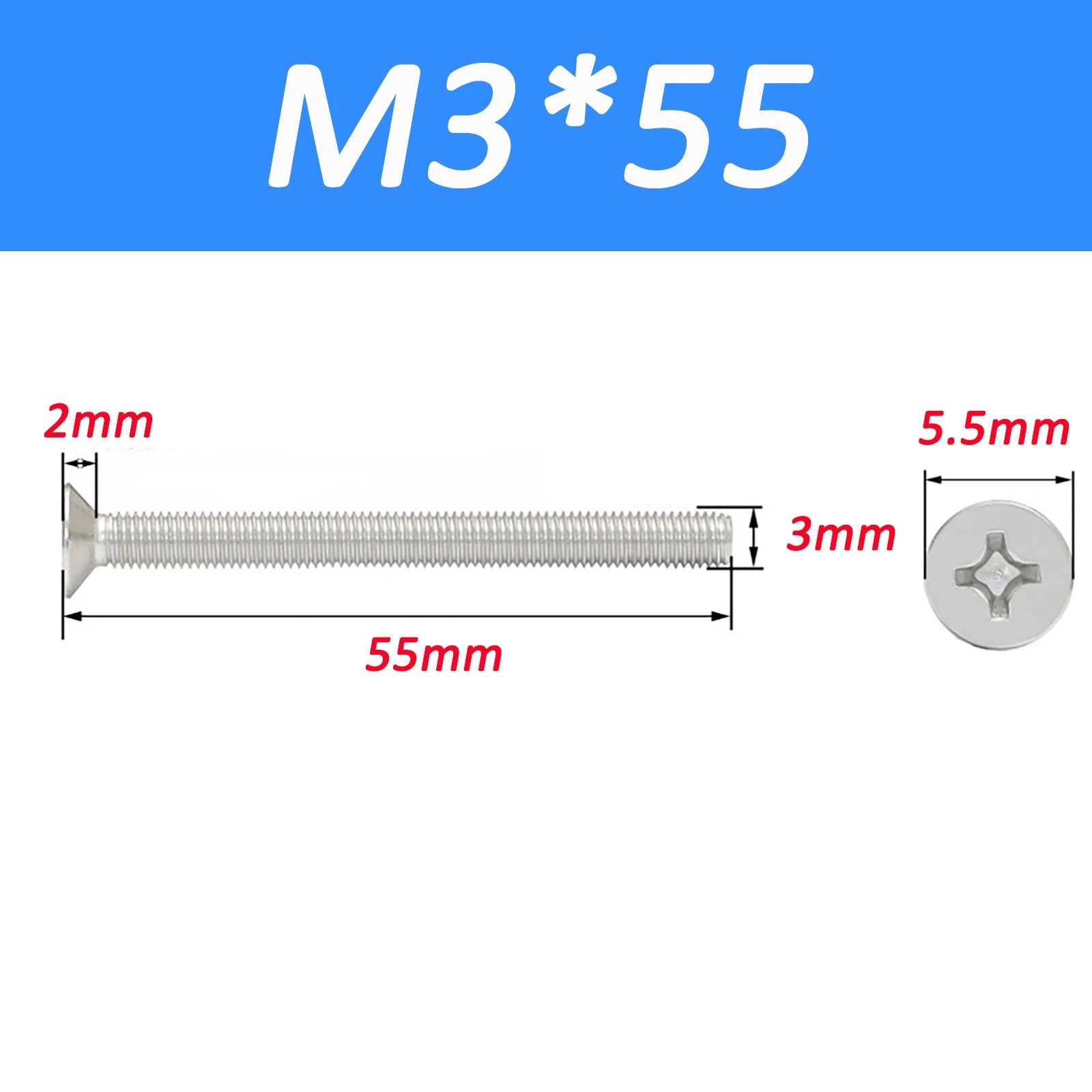 A2 Stainless Steel Countersunk Phillips Machine Screws DIN 965 — Extra Long M2–M12
