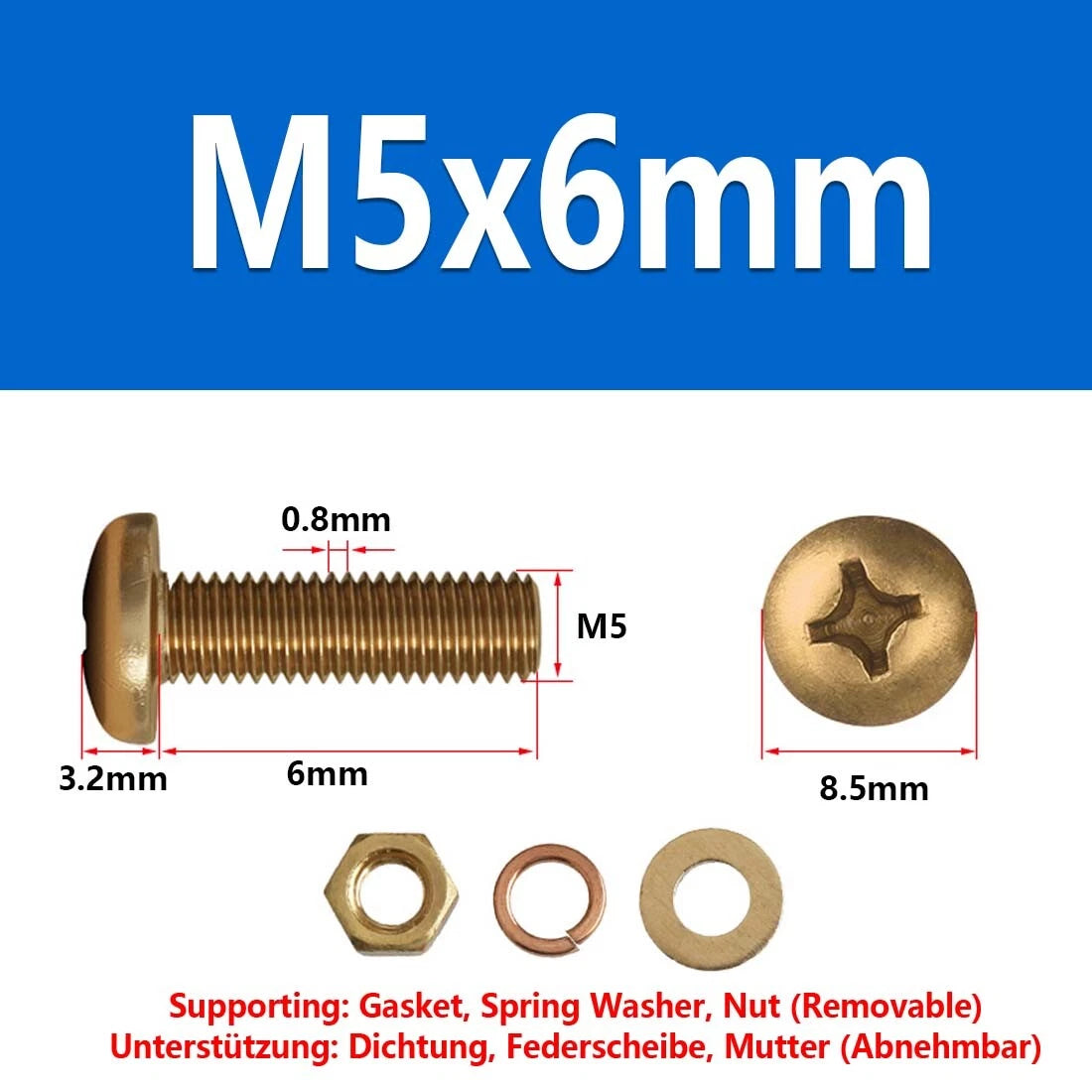 M3 M4 M5 M6 M8 Brass Phillips Pan Head Machine Screws with Hex Nuts & Washers