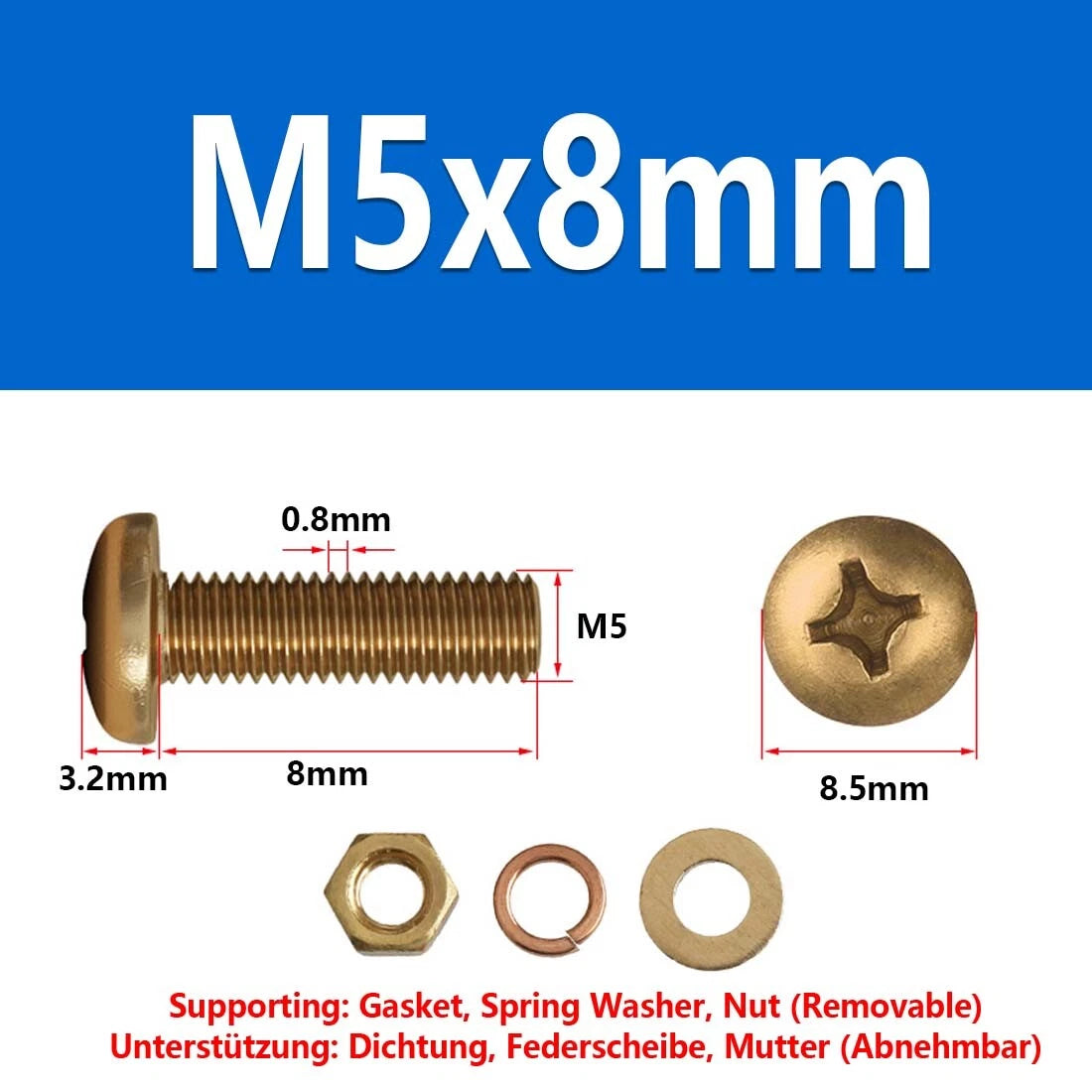 M3 M4 M5 M6 M8 Brass Phillips Pan Head Machine Screws with Hex Nuts & Washers