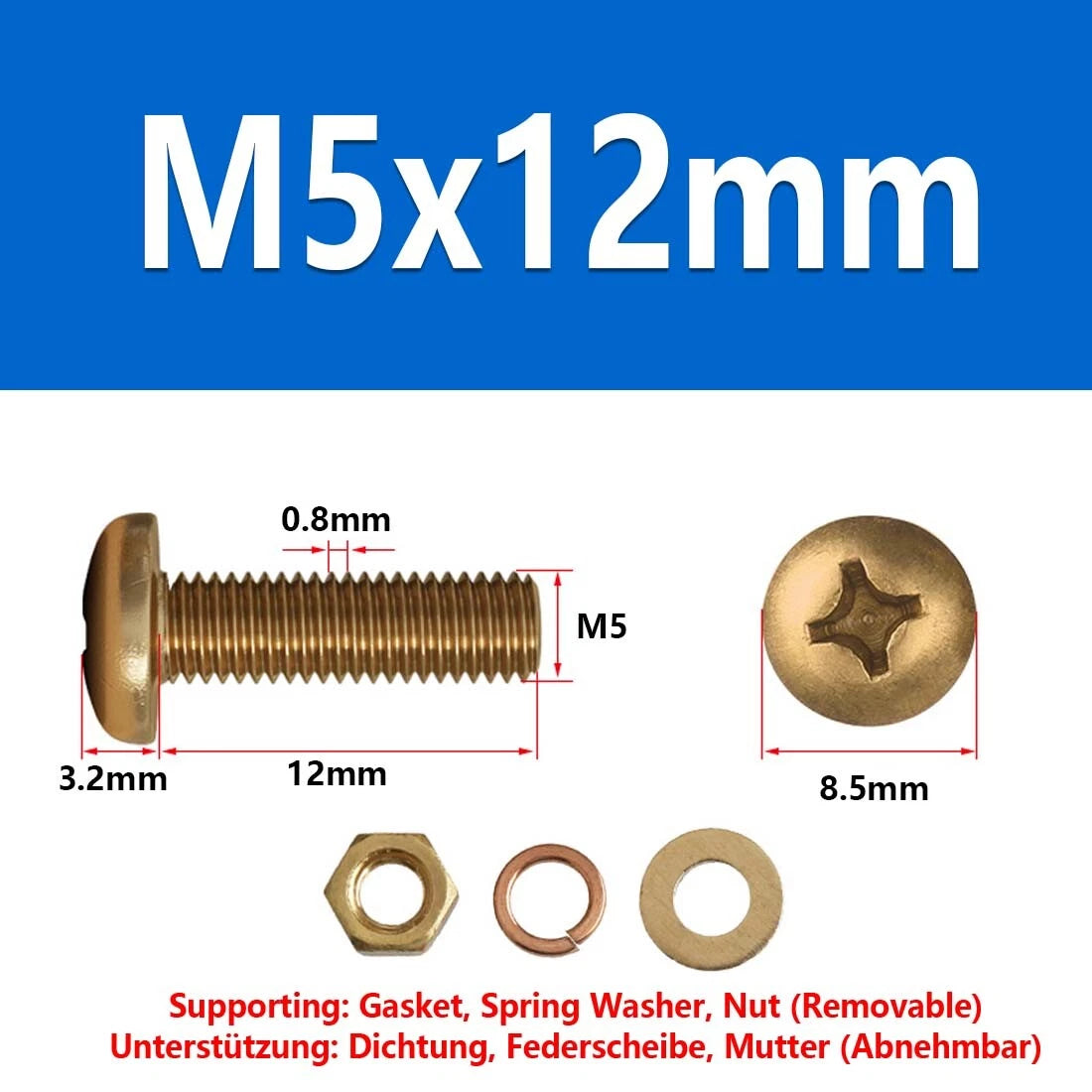 M3 M4 M5 M6 M8 Brass Phillips Pan Head Machine Screws with Hex Nuts & Washers