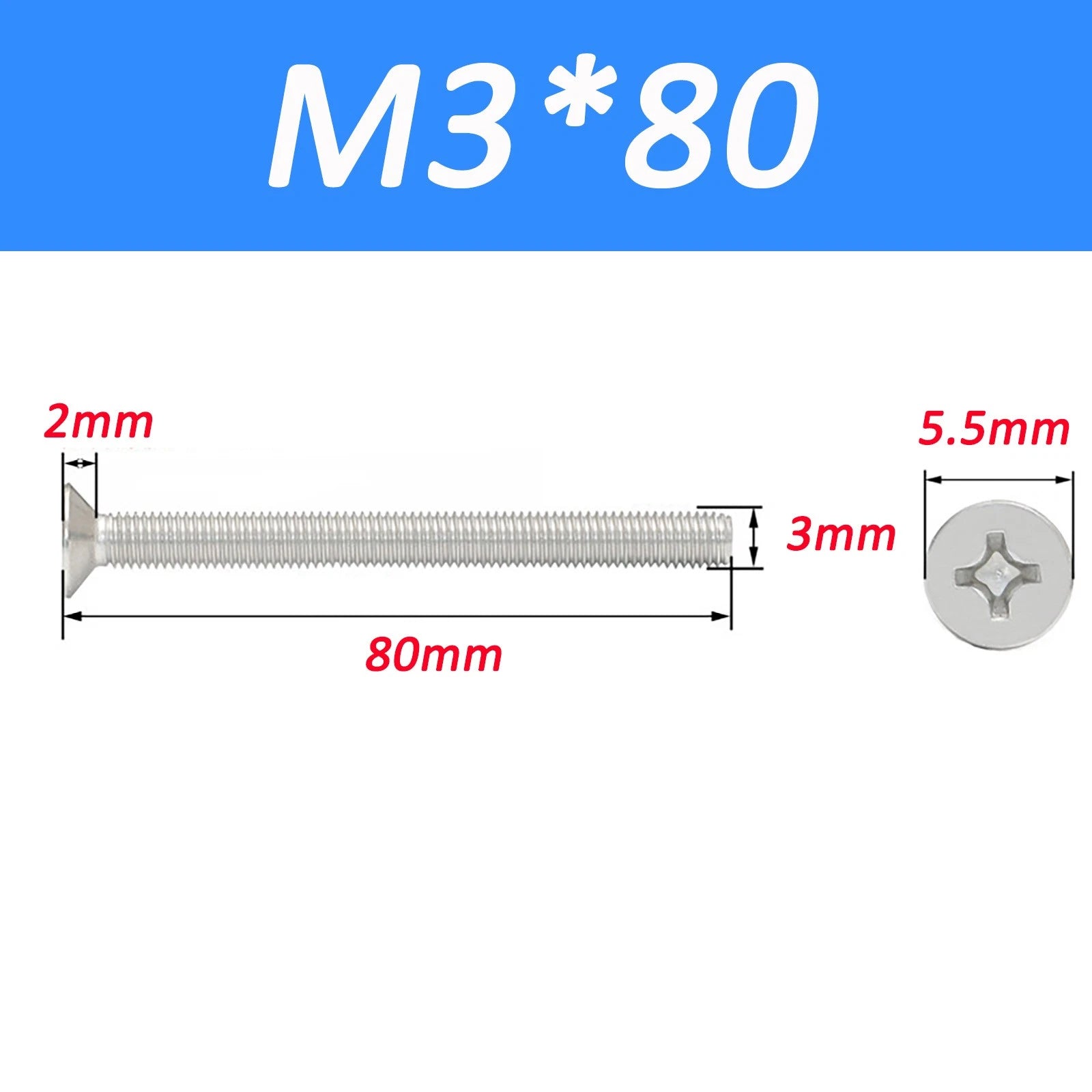 A2 Stainless Steel Countersunk Phillips Machine Screws DIN 965 — Extra Long M2–M12