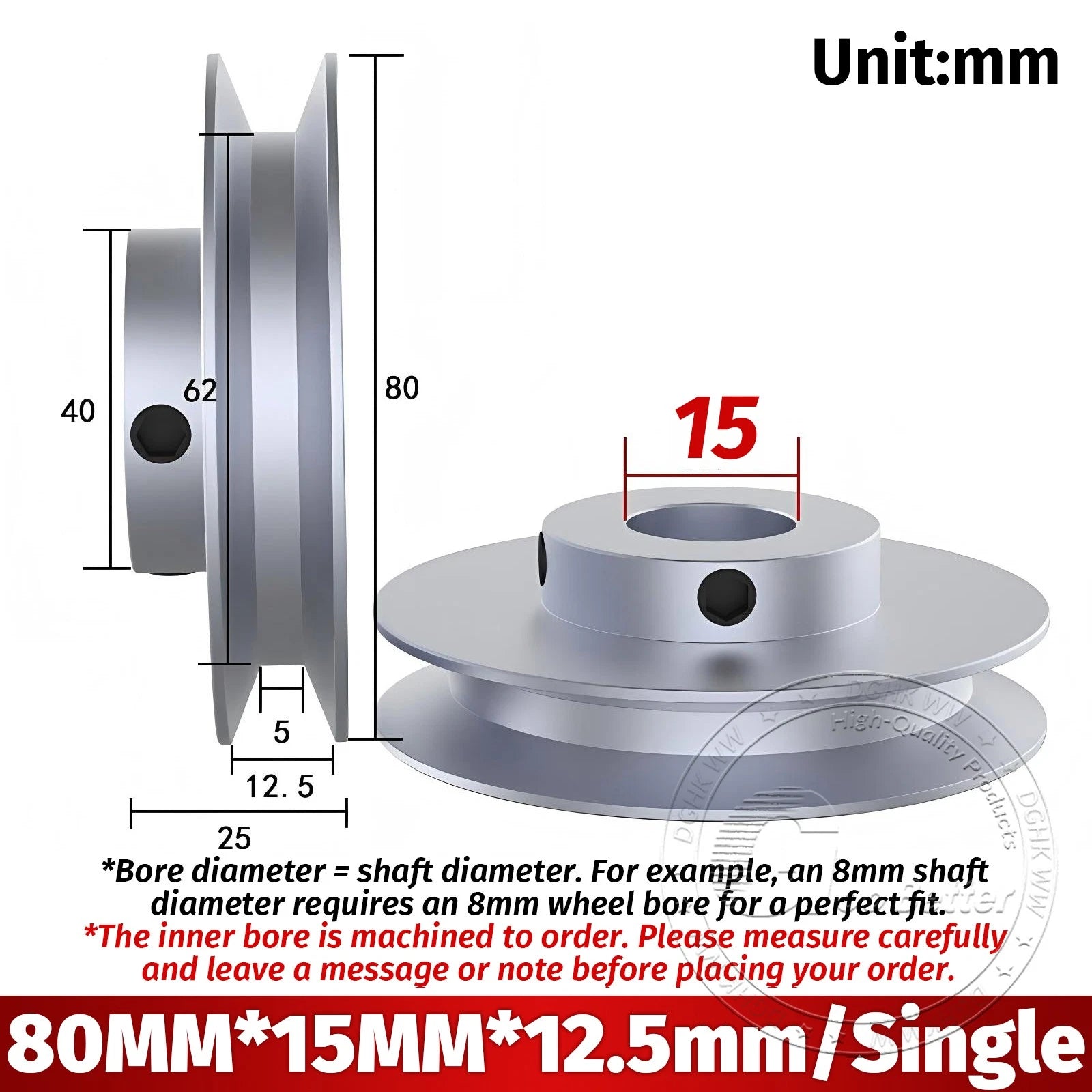V-Groove Aluminum Drive Pulley For V-Belt Pulleys Groove 12.5mm OD 40mm-150mm