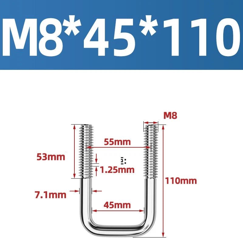 A2 304 Stainless Steel Square U - Bolt Clamp — M6 M8 M10 M12, Multiple Lengths - HomeDIYer