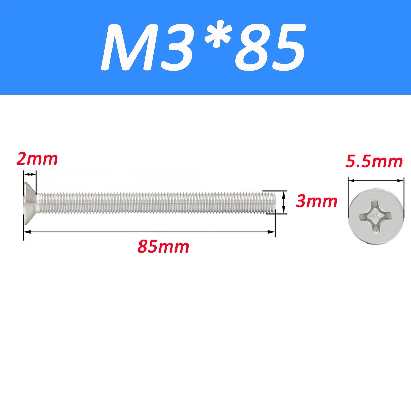 A2 Stainless Steel Countersunk Phillips Machine Screws DIN 965 — Extra Long M2–M12