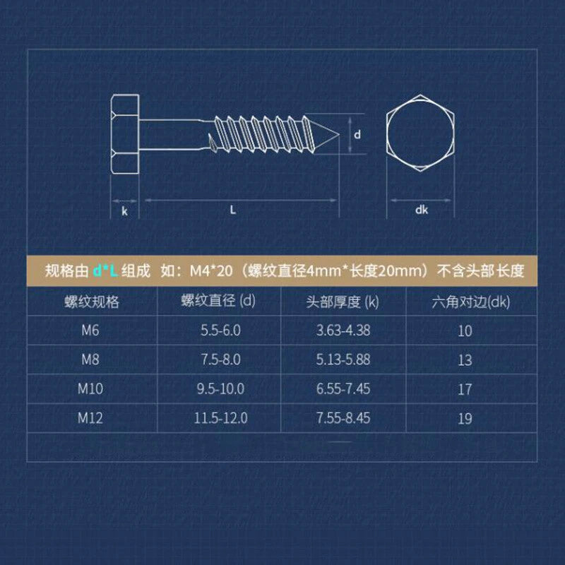 M6 M8 M10 M12 Stainless Steel A2 Screws Hex Hexagon Head Lag Bolts Wood Screw