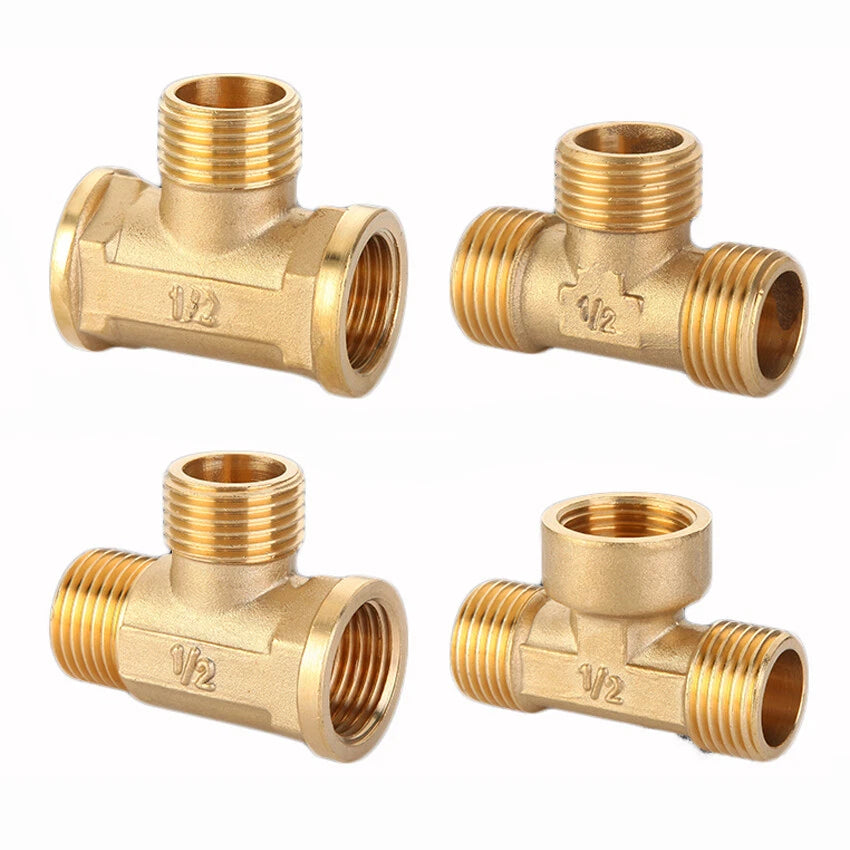 Brass BSP Tee Pipe Fitting — 1/2" to 1" Male & Female Thread T-Connector Adapter