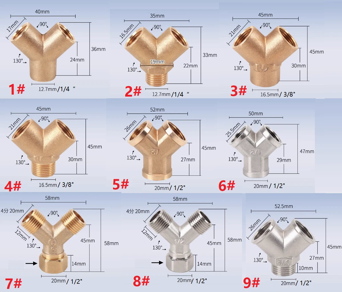 Solid Brass Y-Shape BSP Pipe Fitting — Equal Female Male Thread Connector