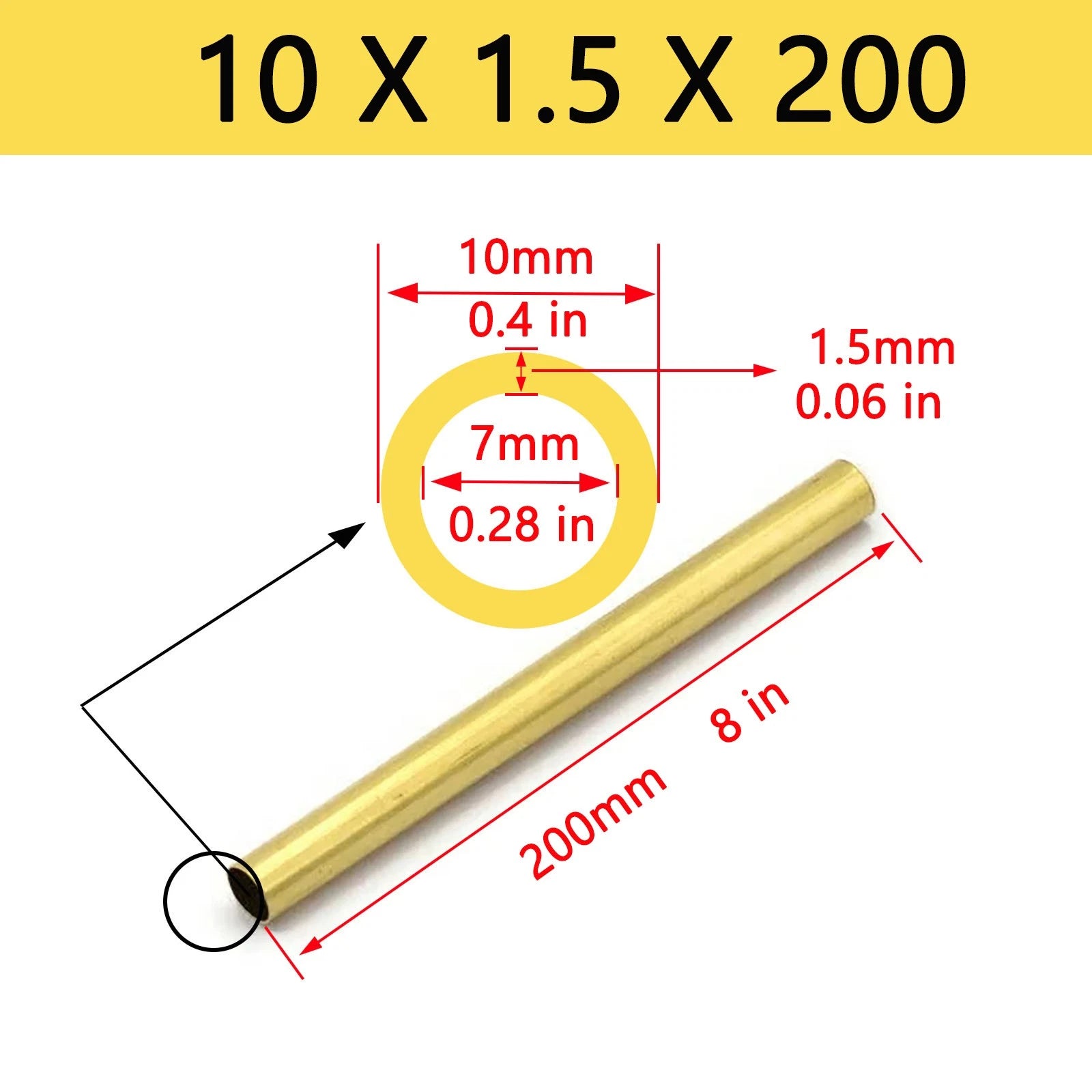 Brass Round Tube Pipe — OD 2mm to 80mm, Wall 0.5mm to 15mm, 200mm Length