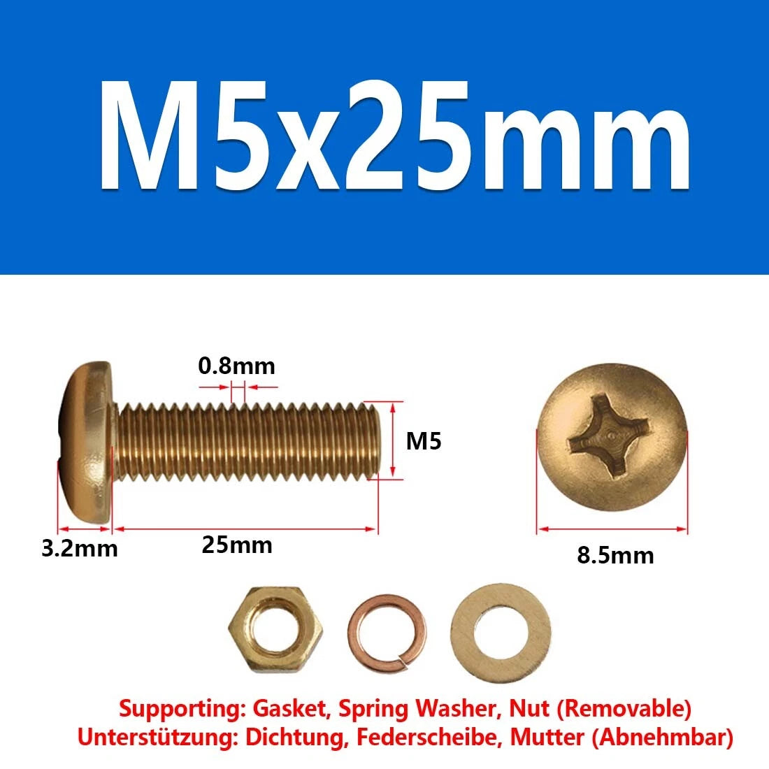 M3 M4 M5 M6 M8 Brass Phillips Pan Head Machine Screws with Hex Nuts & Washers