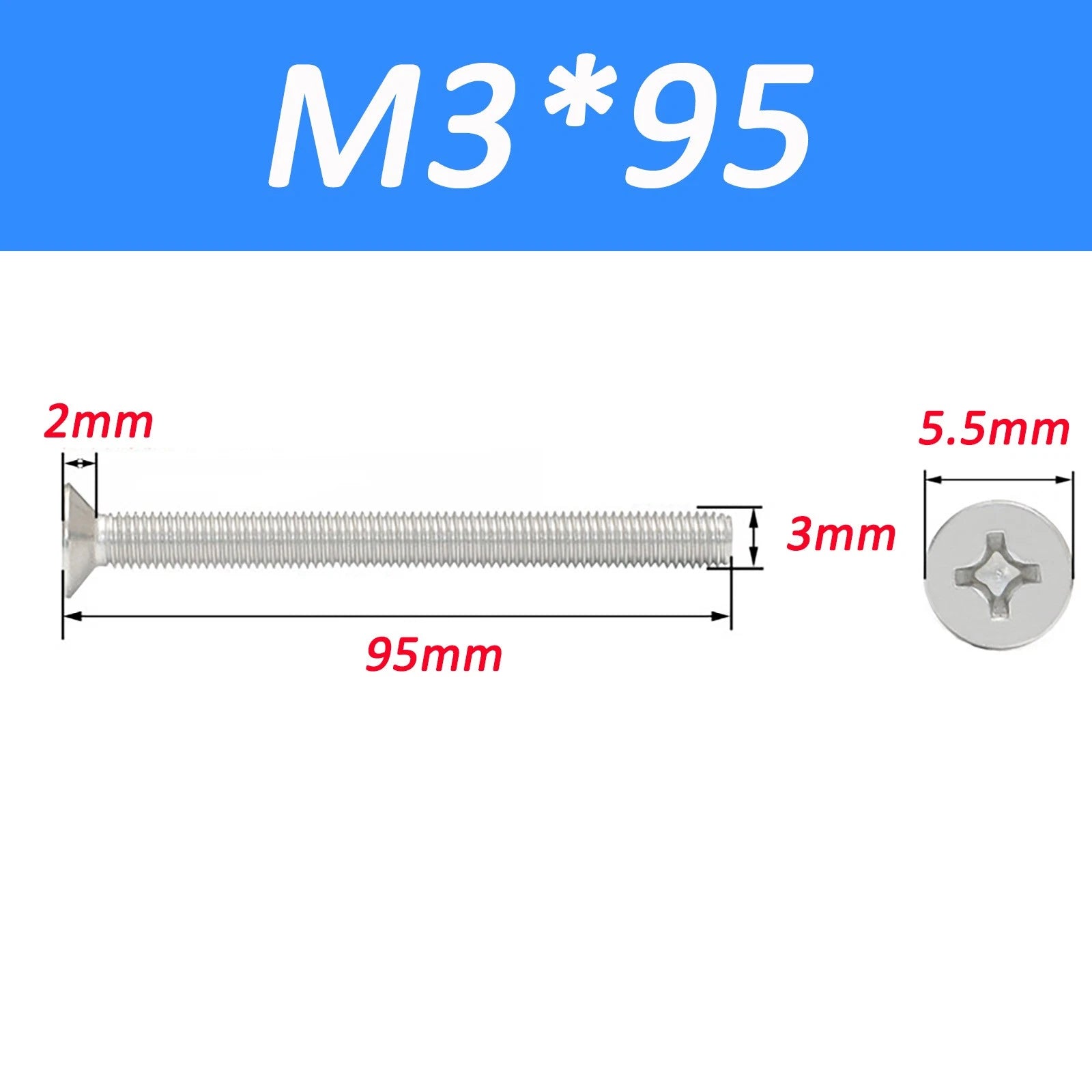 A2 Stainless Steel Countersunk Phillips Machine Screws DIN 965 — Extra Long M2–M12