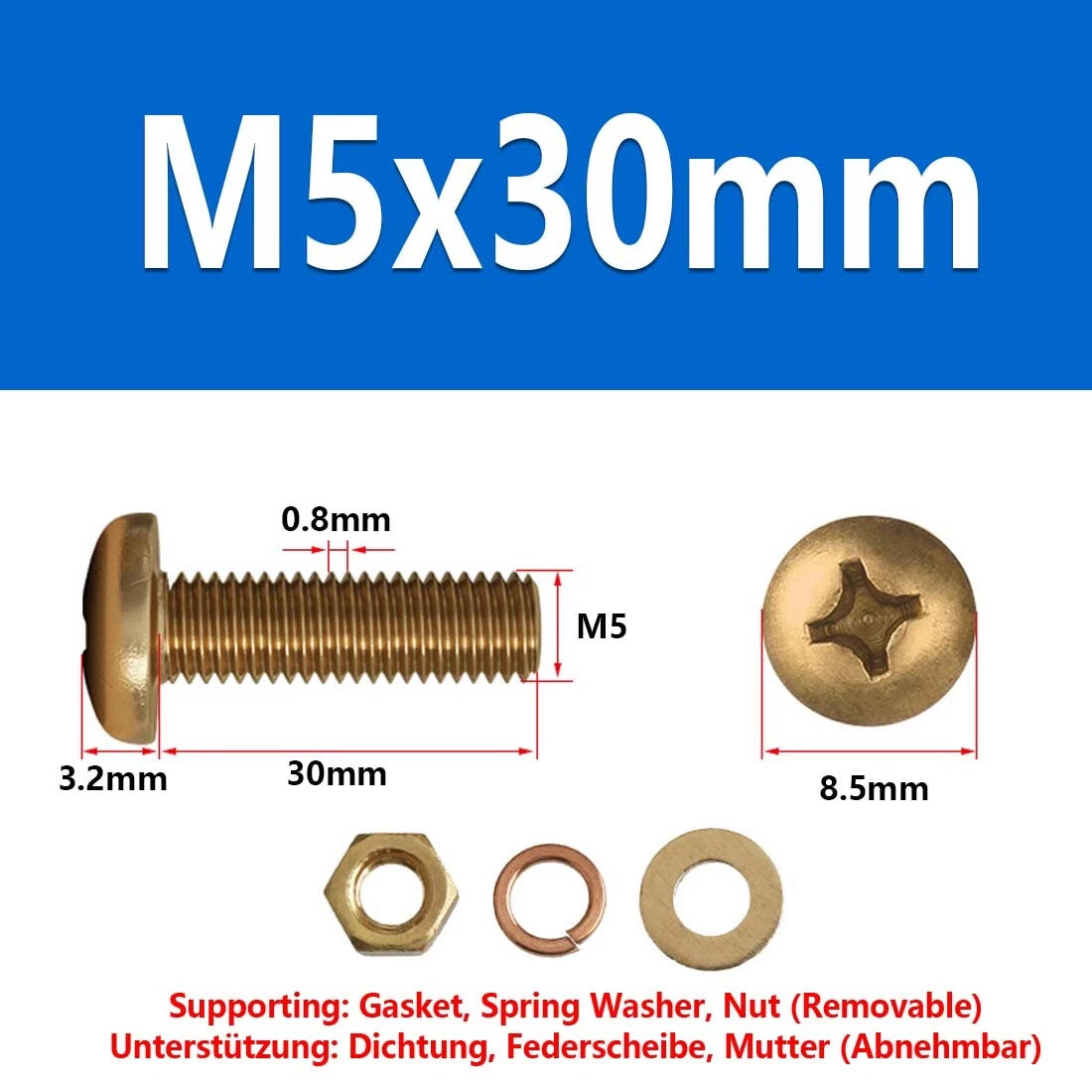 M3 M4 M5 M6 M8 Brass Phillips Pan Head Machine Screws with Hex Nuts & Washers