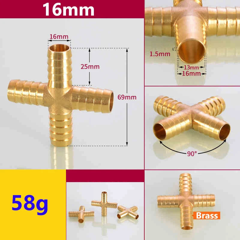 Brass Hose Tail Fittings – Barb Connector Straight Tee Y-Shape 90° Elbow Cross | Air Water Pipe Adapter