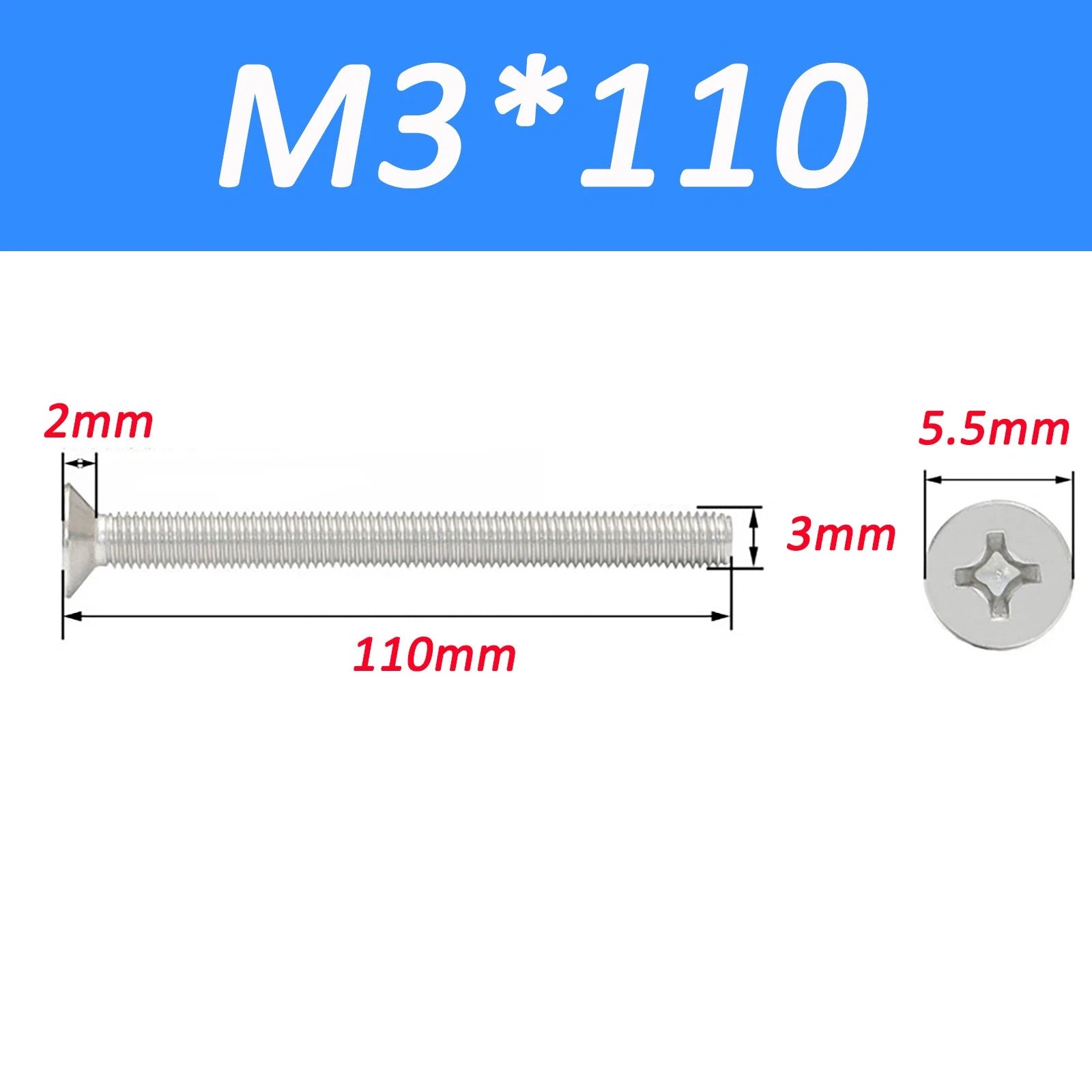 A2 Stainless Steel Countersunk Phillips Machine Screws DIN 965 — Extra Long M2–M12
