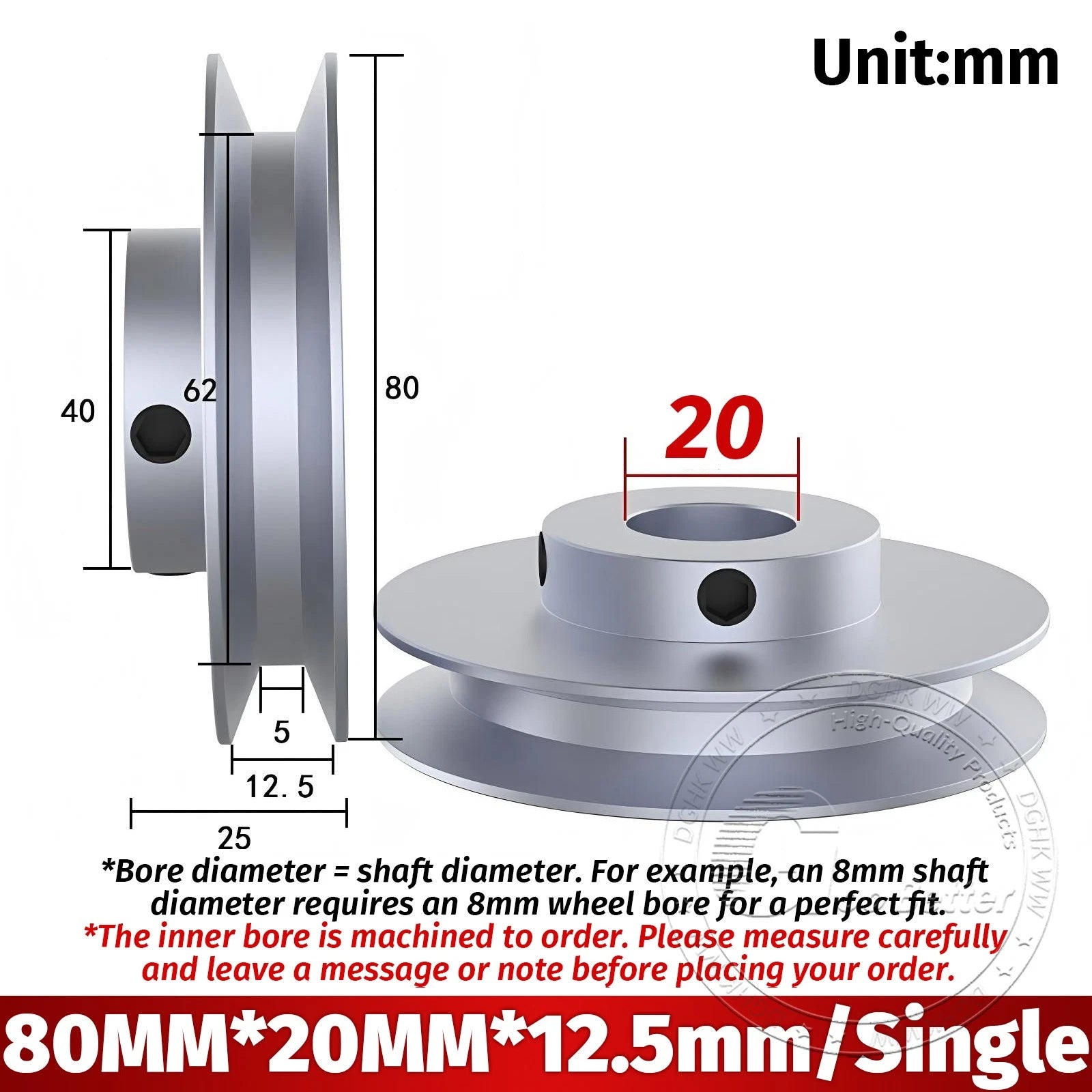 V-Groove Aluminum Drive Pulley For V-Belt Pulleys Groove 12.5mm OD 40mm-150mm