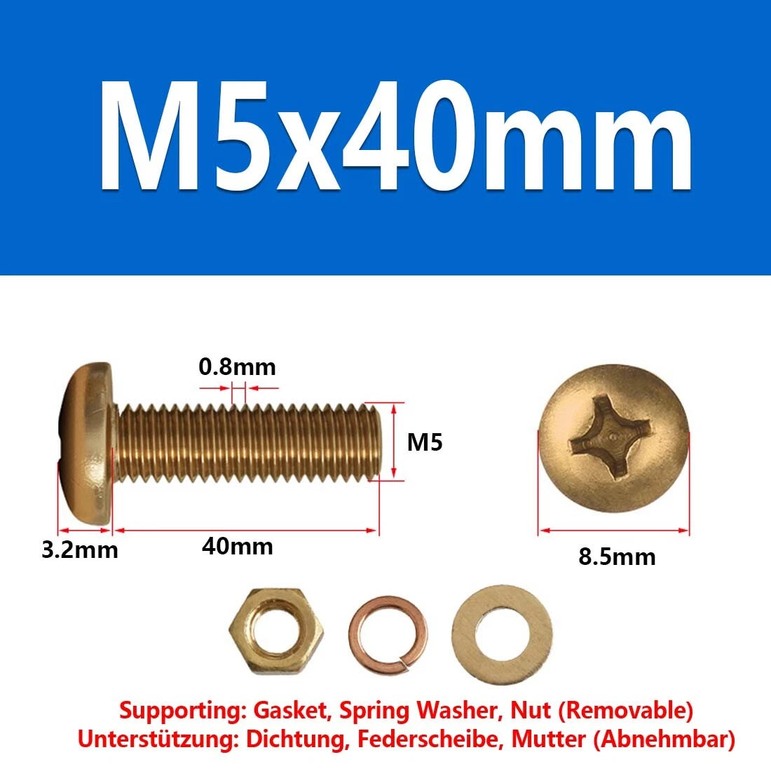 M3 M4 M5 M6 M8 Brass Phillips Pan Head Machine Screws with Hex Nuts & Washers
