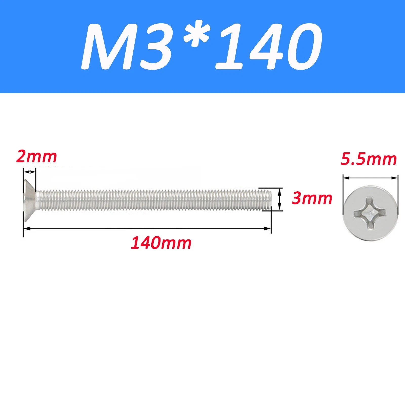 A2 Stainless Steel Countersunk Phillips Machine Screws DIN 965 — Extra Long M2–M12