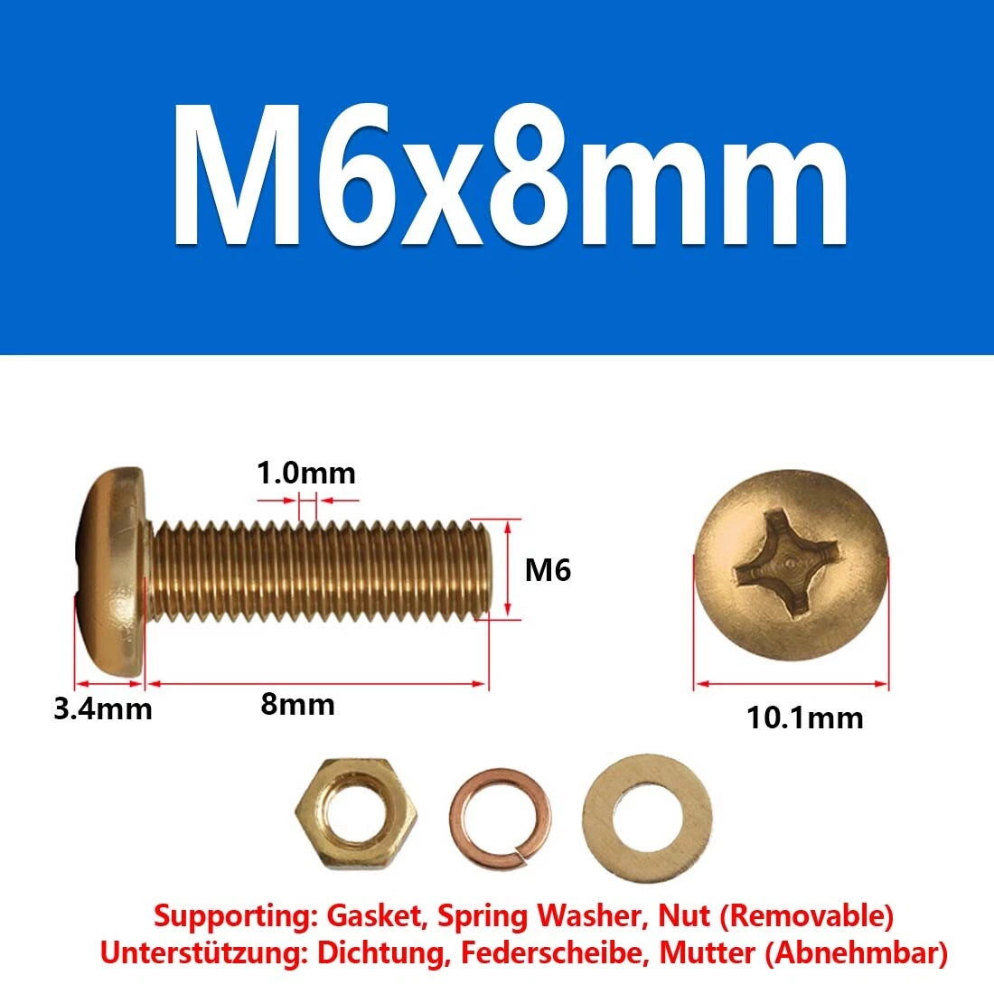 M3 M4 M5 M6 M8 Brass Phillips Pan Head Machine Screws with Hex Nuts & Washers