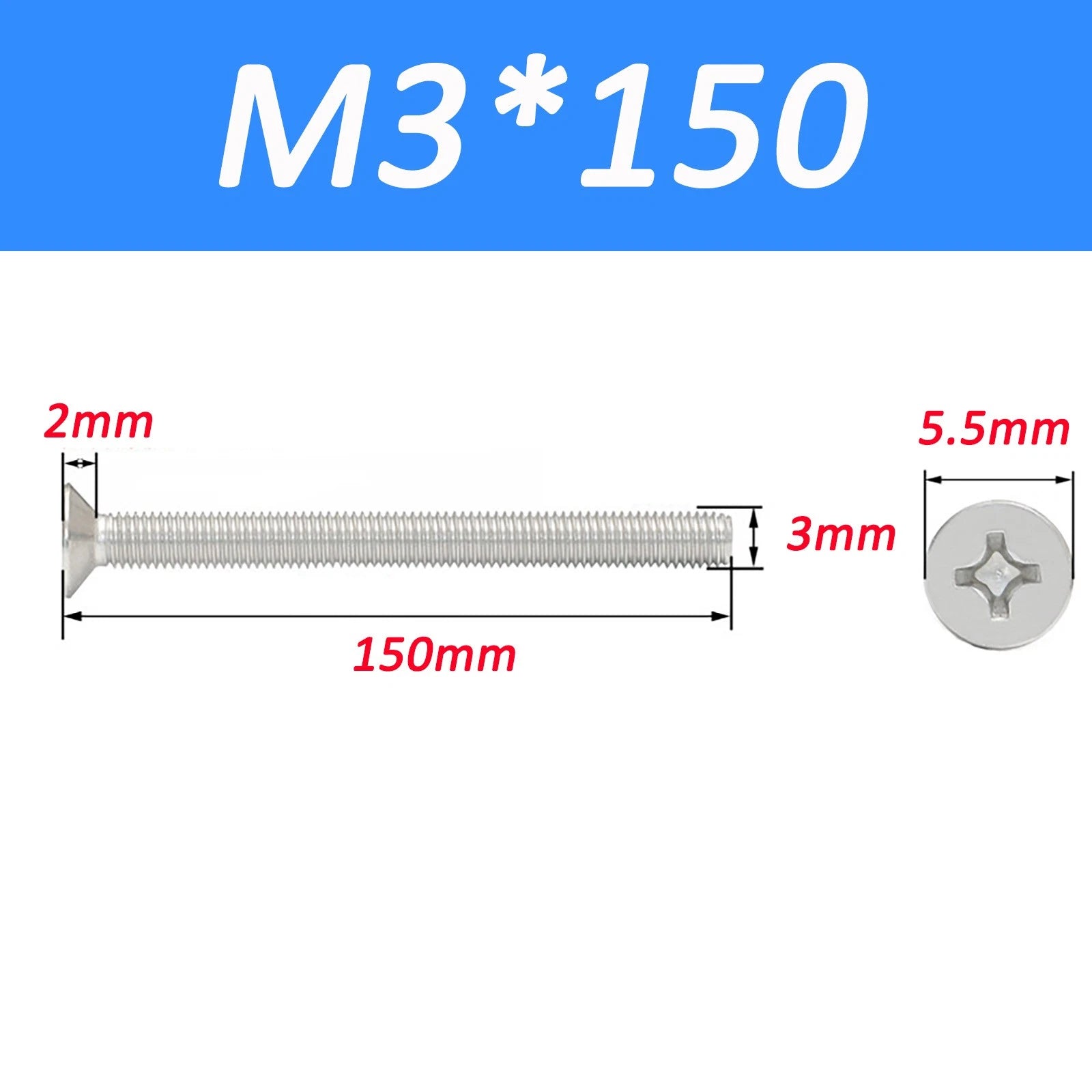 A2 Stainless Steel Countersunk Phillips Machine Screws DIN 965 — Extra Long M2–M12